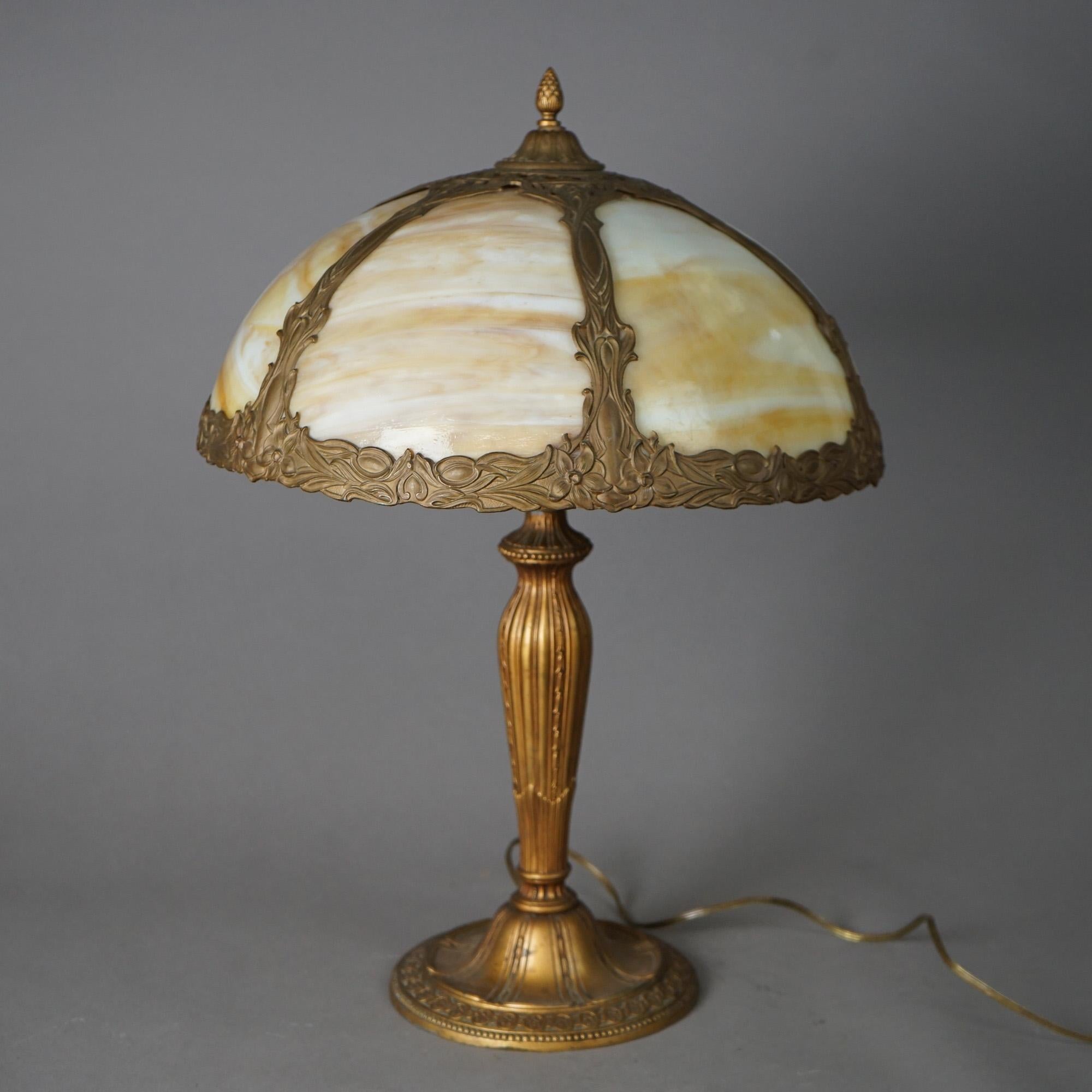 Cast Antique Arts & Crafts Bradley & Hubbard School Slag Glass Table Lamp c1920 For Sale