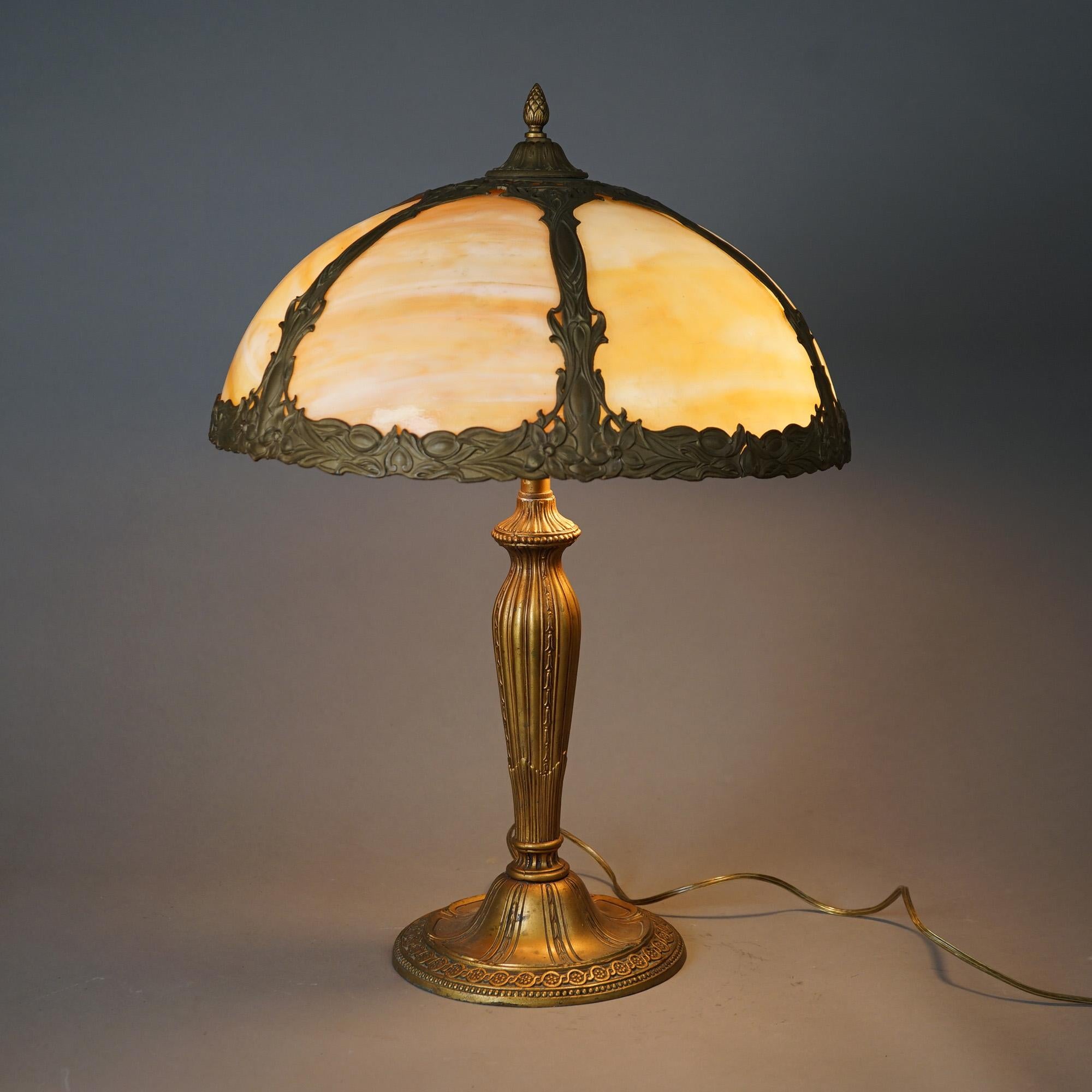 Antique Arts & Crafts Bradley & Hubbard School Slag Glass Table Lamp c1920 In Good Condition For Sale In Big Flats, NY