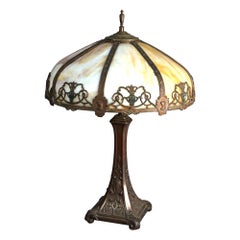 Antique Arts & Crafts Bradley & Hubbard School Slag Glass Table Lamp c1920