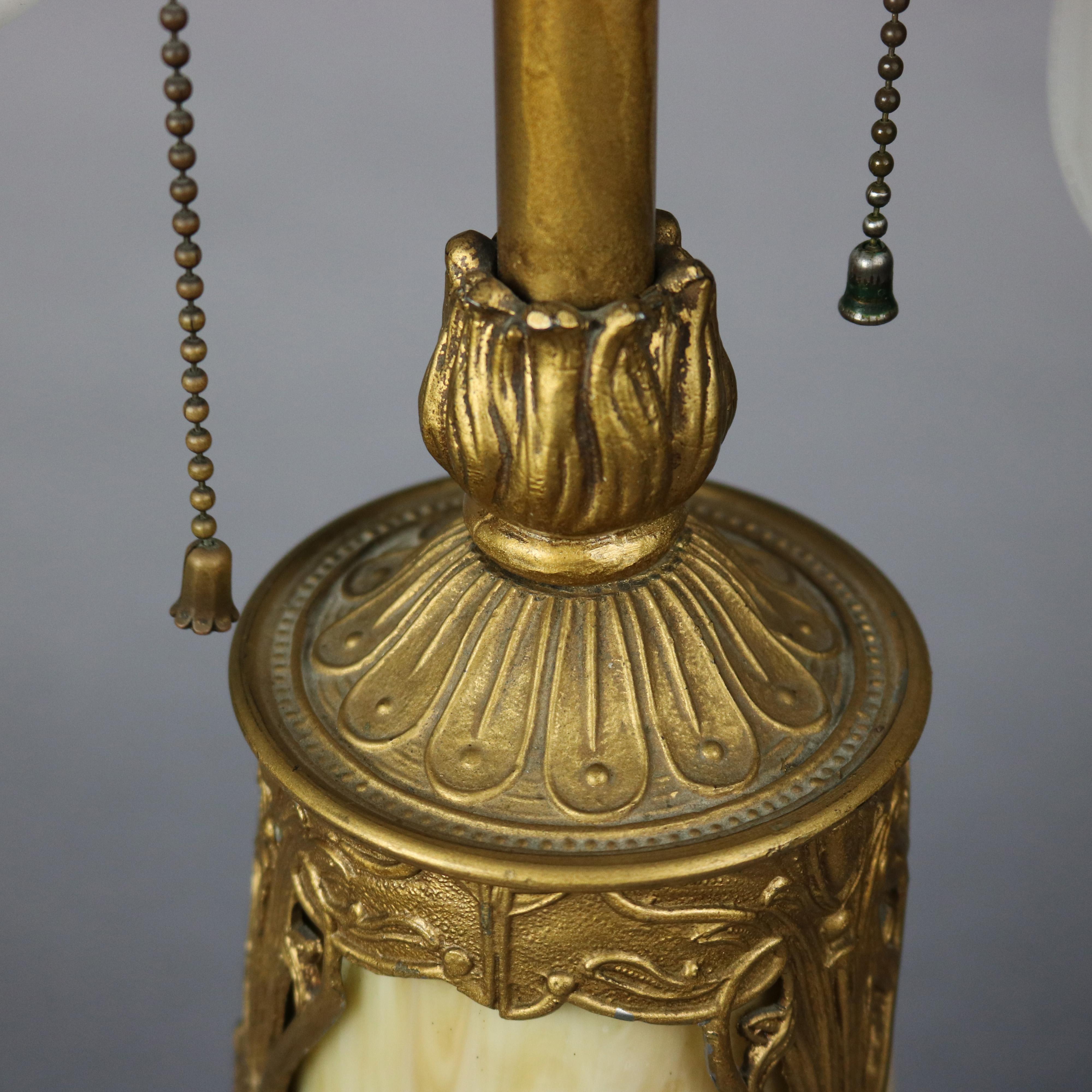Metal Antique Arts & Crafts Bradley & Hubbard School Slag Glass Table Lamp Circa 1910