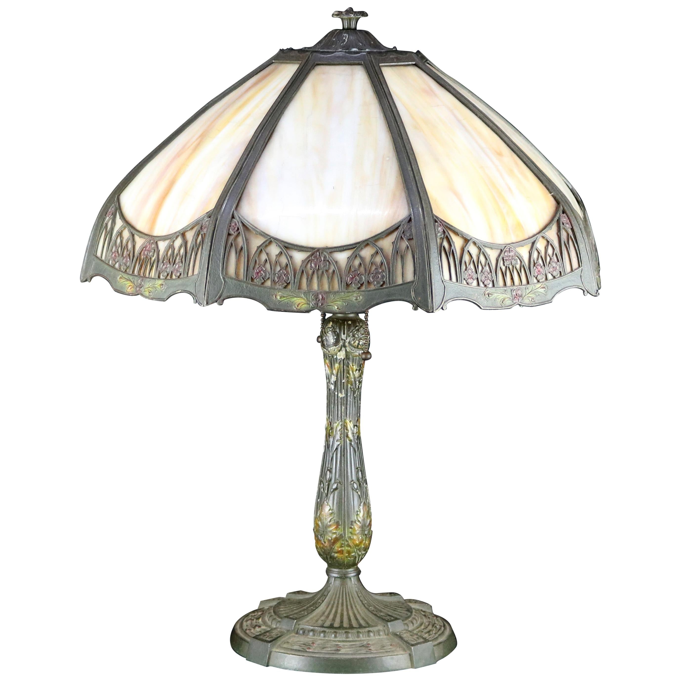 Antique Arts & Crafts Bradley & Hubbard School Slag Glass Table Lamp, circa 1910