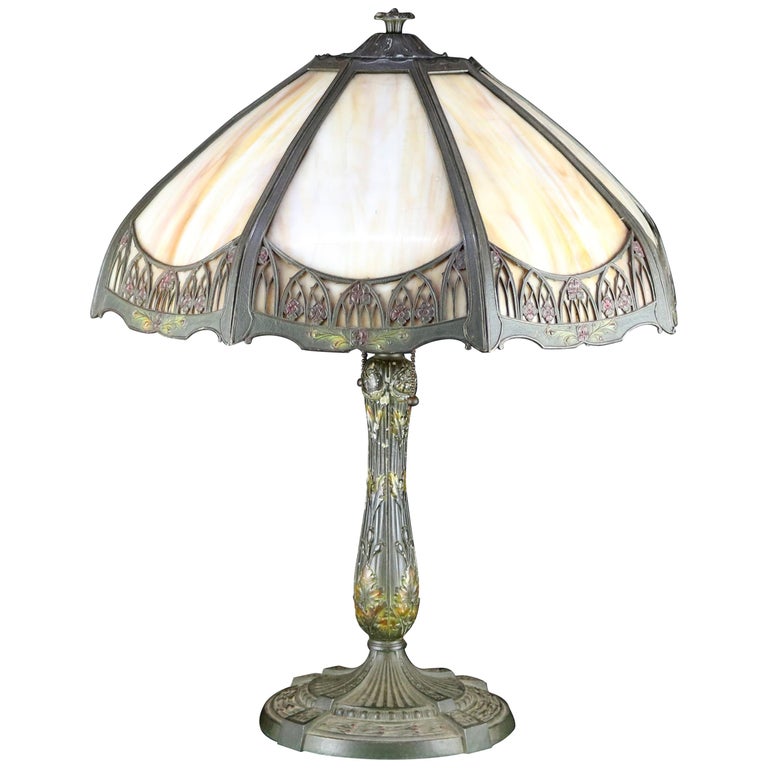 Hubbard School Slag Glass Table Lamp, Antique Arts And Crafts Table Lamps