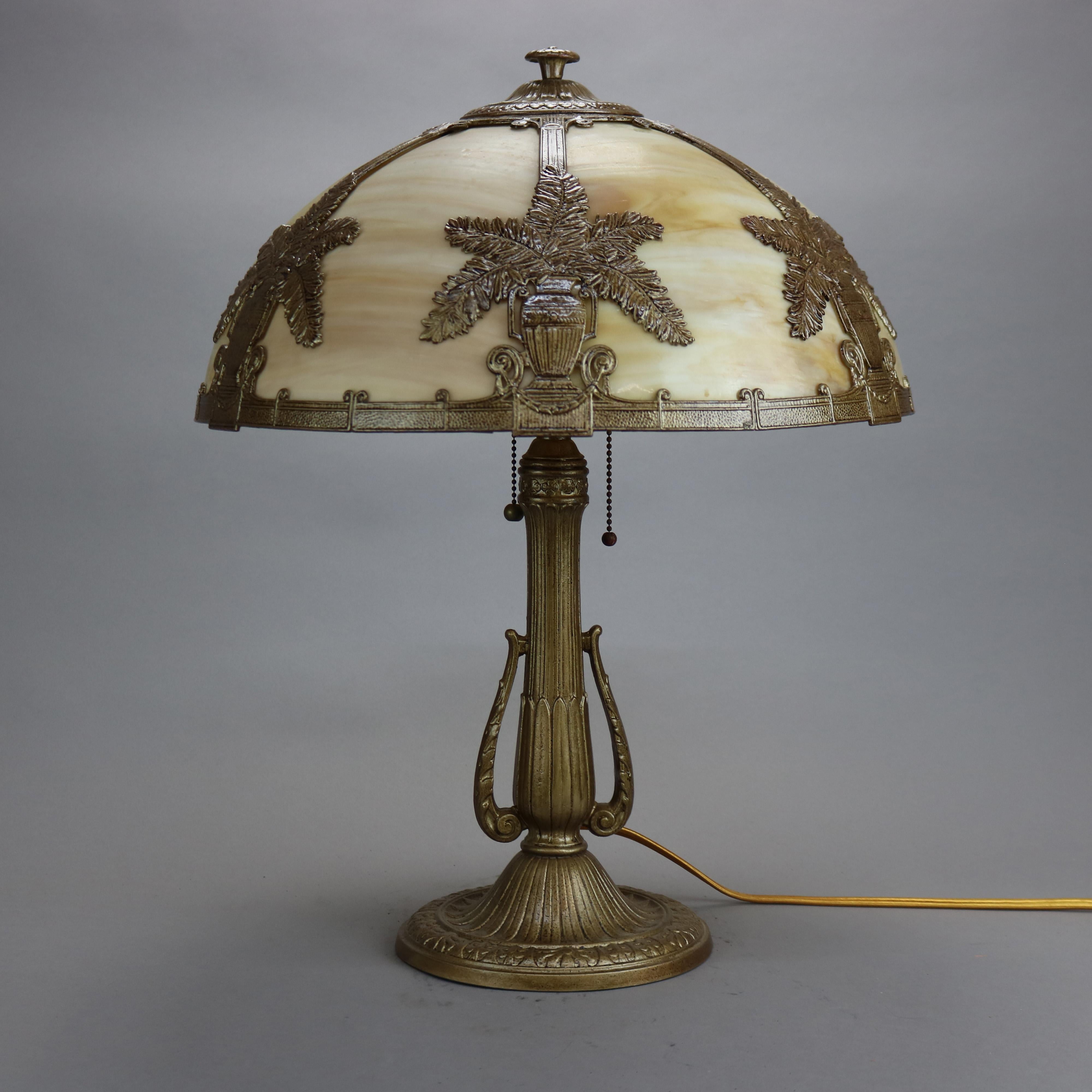 American Antique Arts & Crafts Bradley & Hubbard School Slag Glass Table Lamp Circa 1920