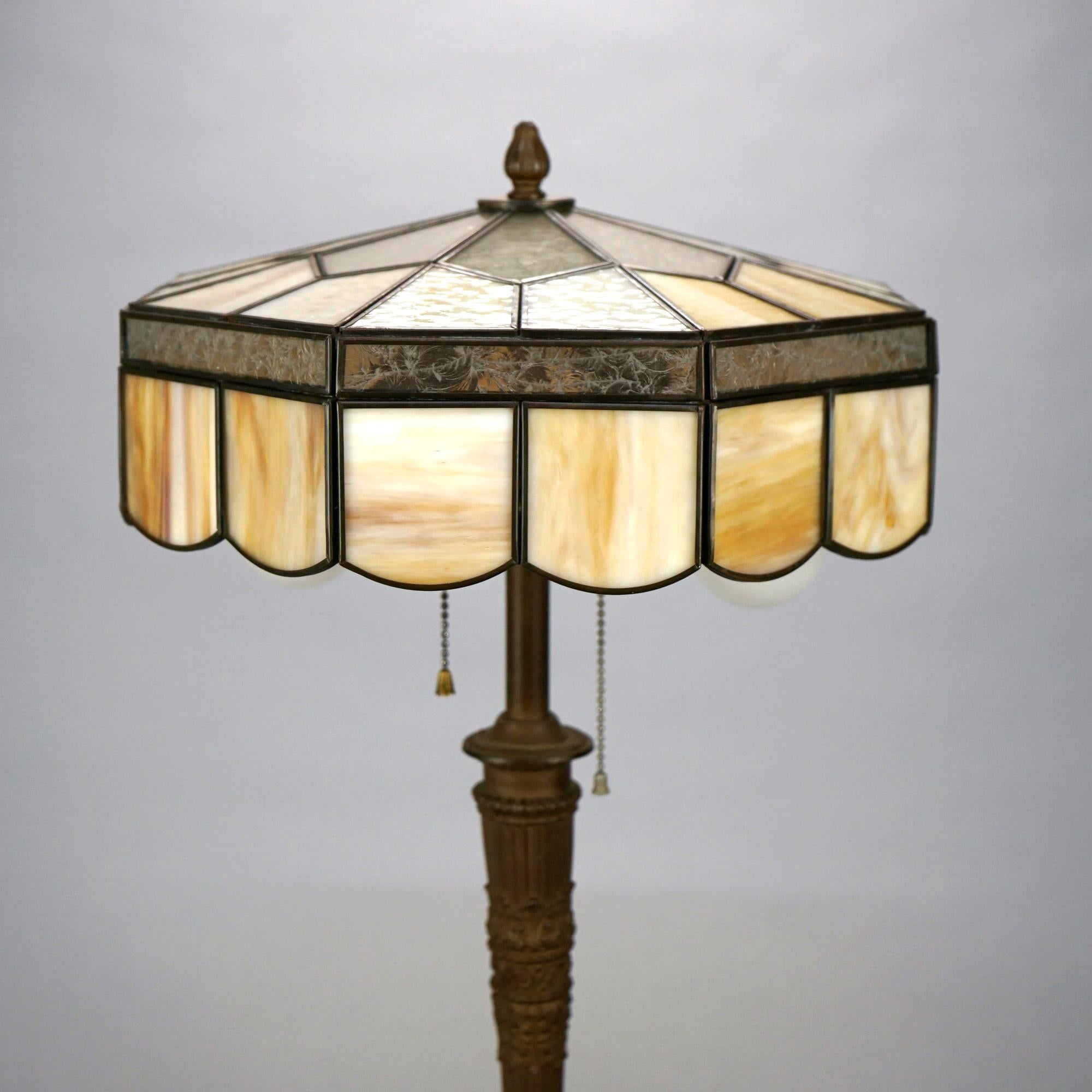 American Antique Arts & Crafts Bradley & Hubbard School Slag Glass Table Lamp, Circa 1920