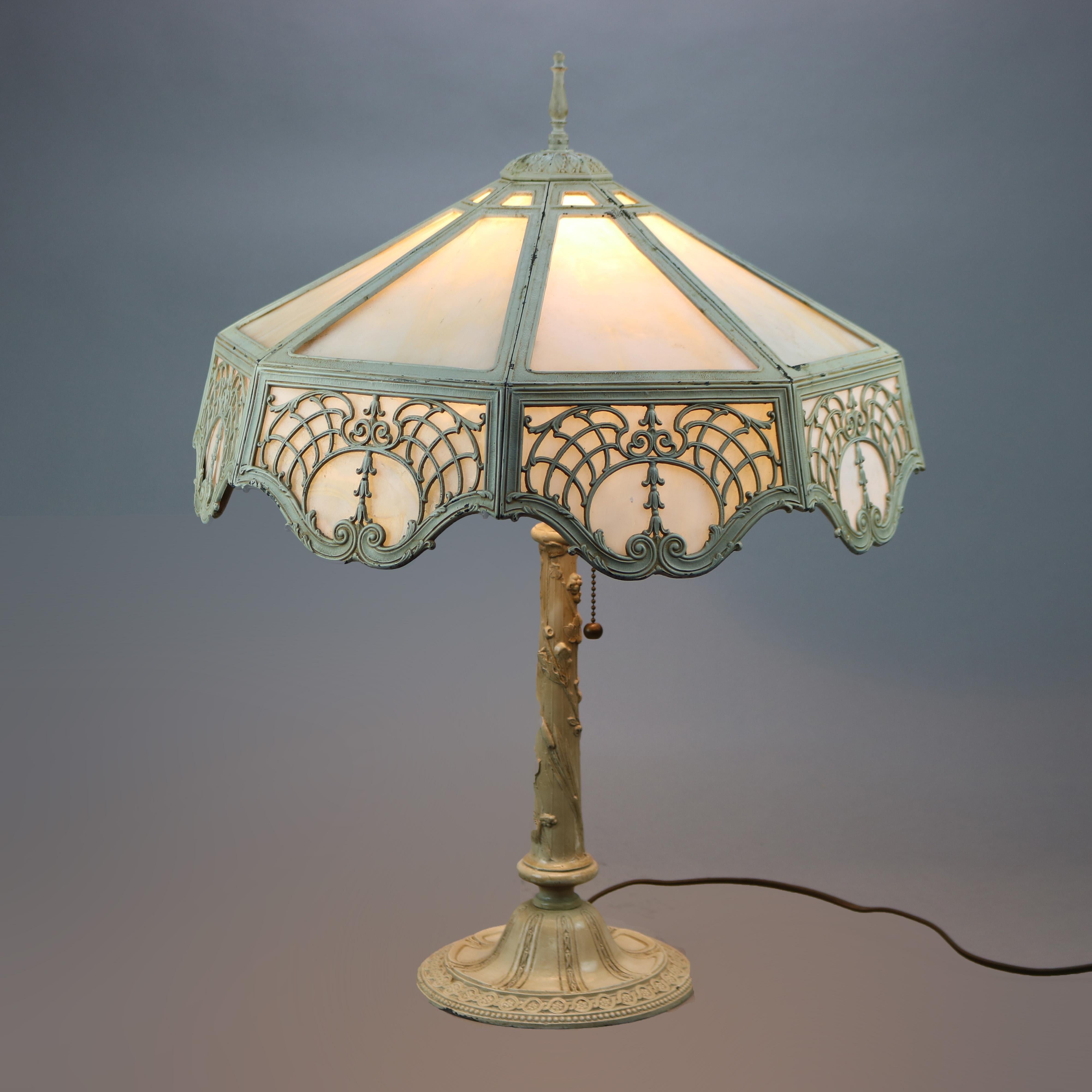 Arts and Crafts Antique Arts & Crafts Bradley & Hubbard School Slag Glass Table Lamp Circa 1920 For Sale