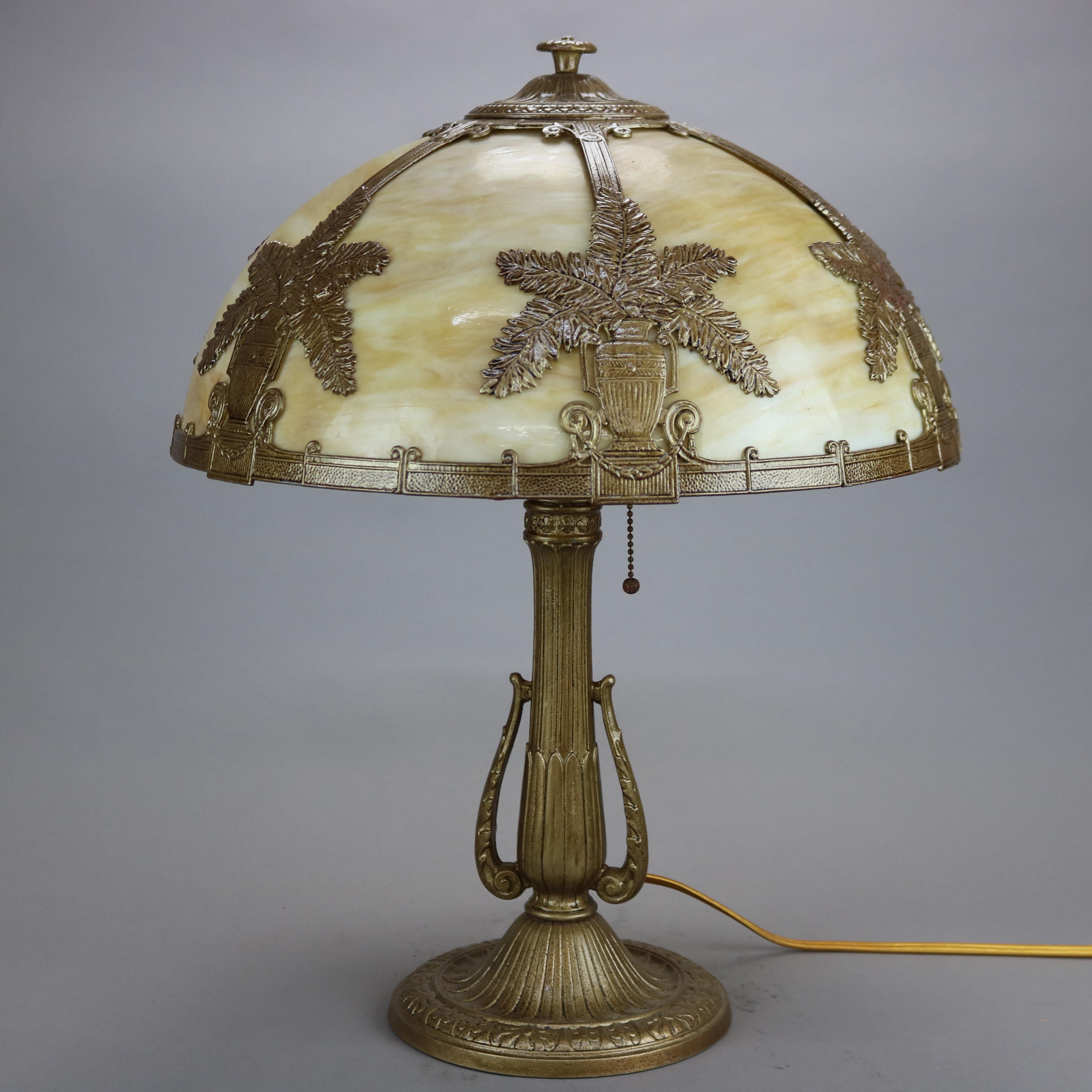 Cast Antique Arts & Crafts Bradley & Hubbard School Slag Glass Table Lamp Circa 1920