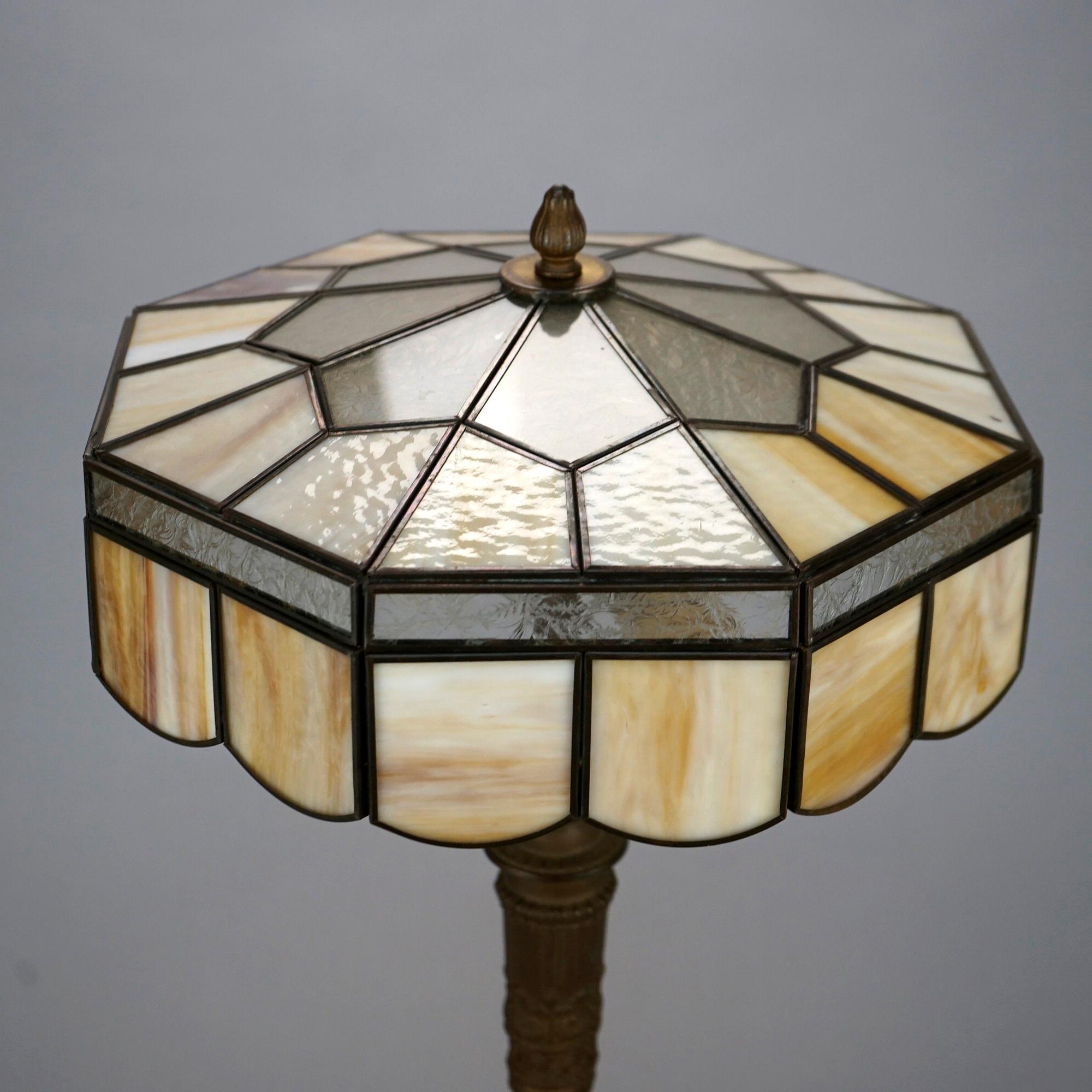 Antique Arts & Crafts Bradley & Hubbard School Slag Glass Table Lamp, Circa 1920 In Good Condition In Big Flats, NY