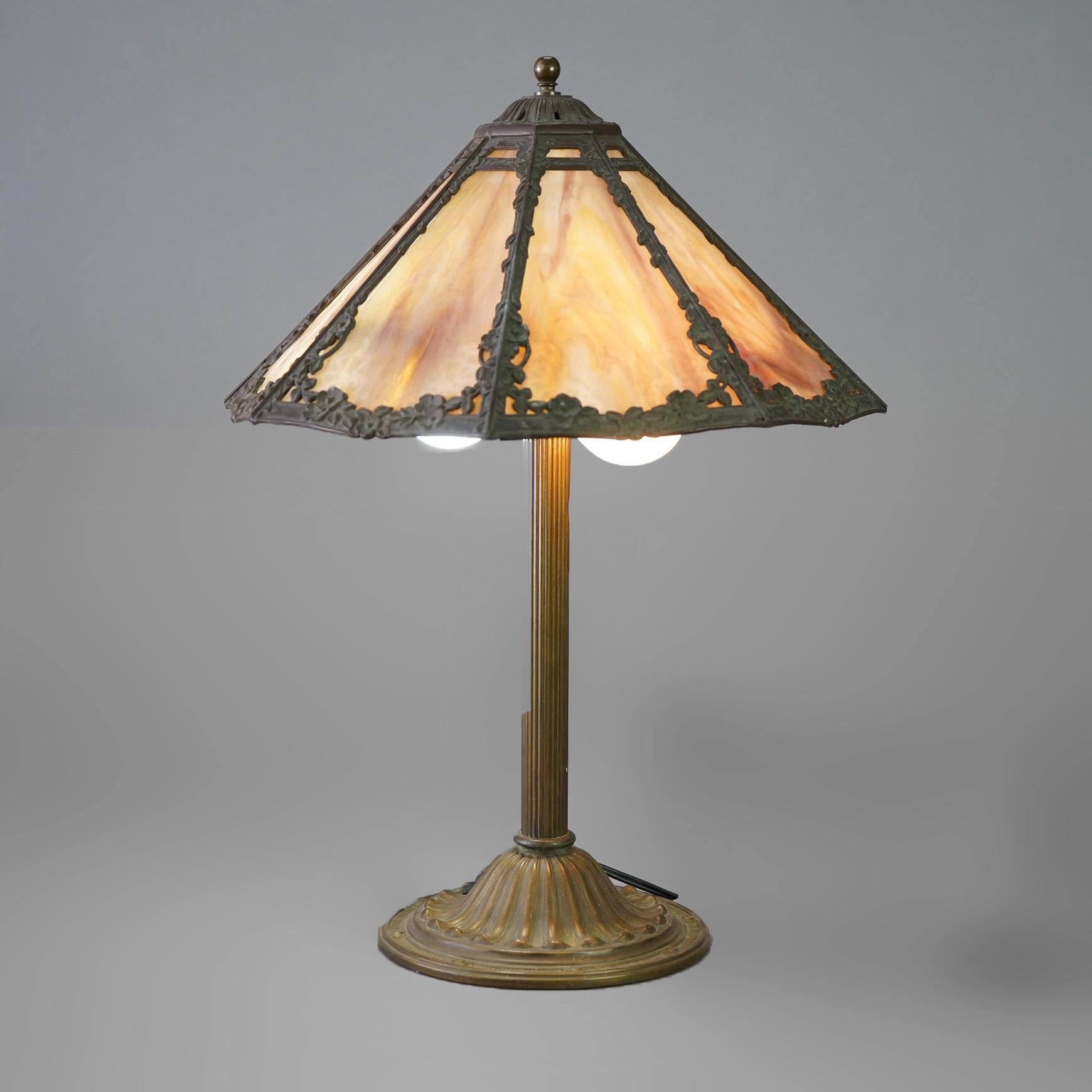 American Antique Arts & Crafts Bradley & Hubbard School Slag Glass Table Lamp Circa 1920 For Sale