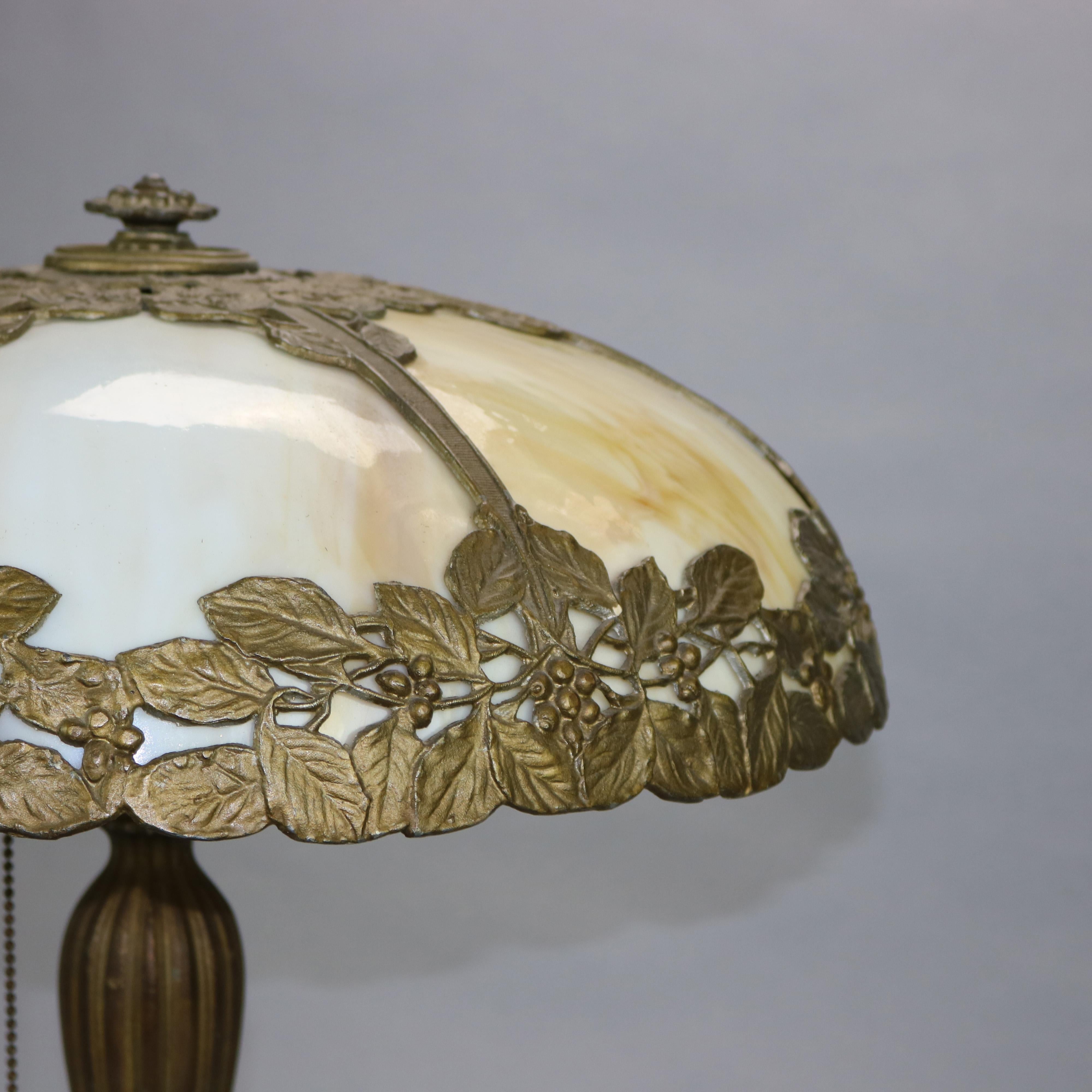 American Antique Arts & Crafts Bradley & Hubbard School Slag Glass Table Lamp, Circa 1920