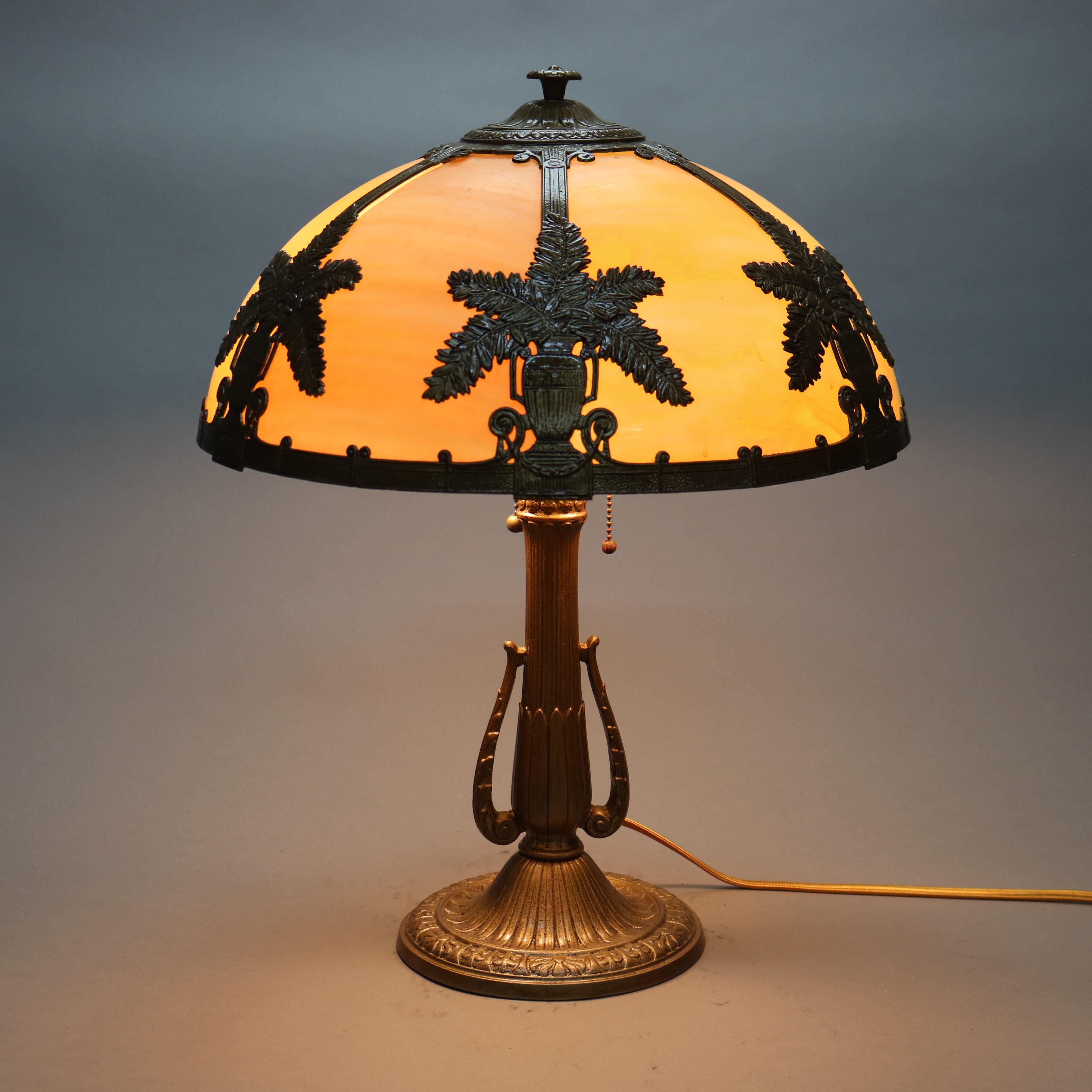 Antique Arts & Crafts Bradley & Hubbard School Slag Glass Table Lamp Circa 1920 In Good Condition In Big Flats, NY