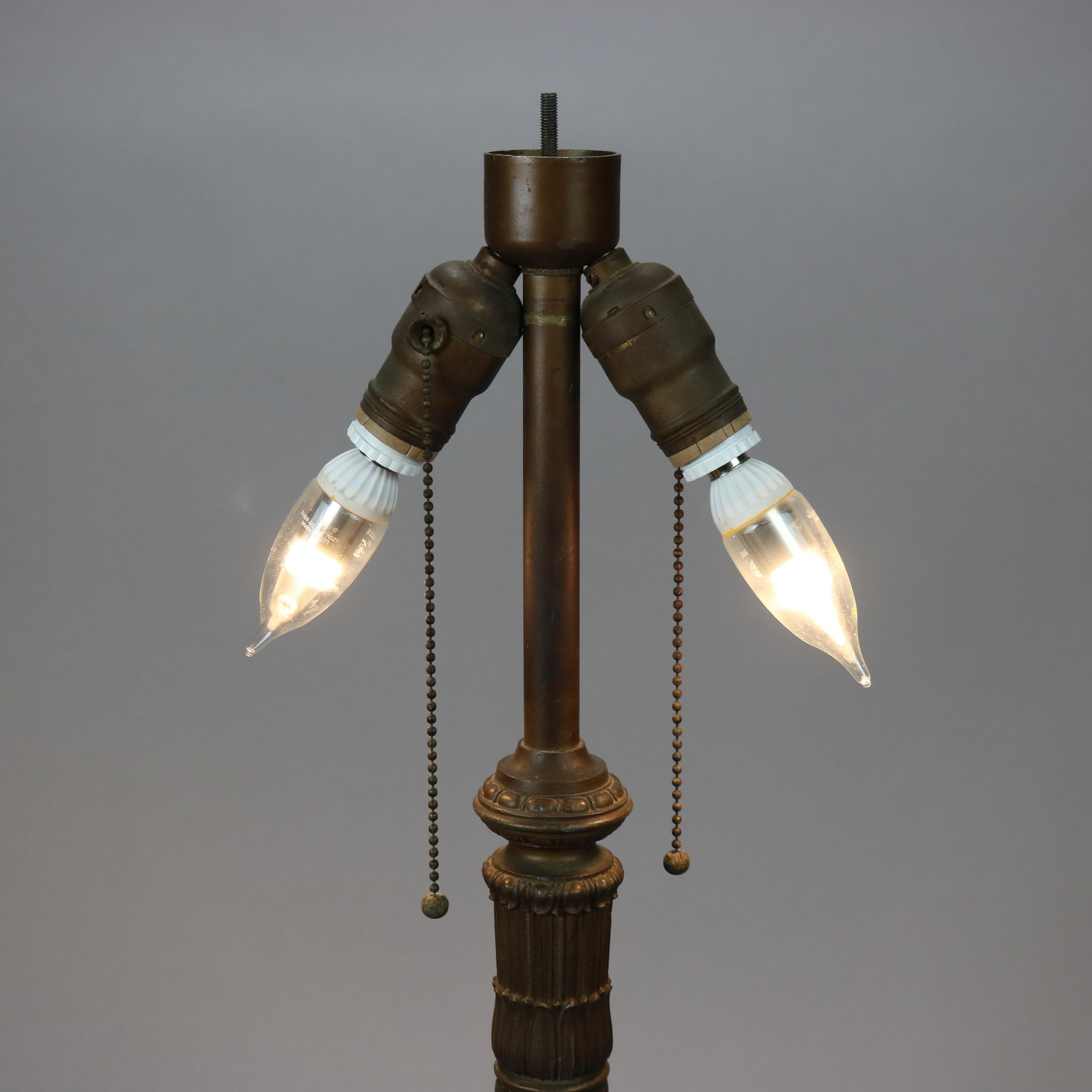 Metal Antique Arts & Crafts Bradley & Hubbard School Slag Glass Table Lamp Circa 1920