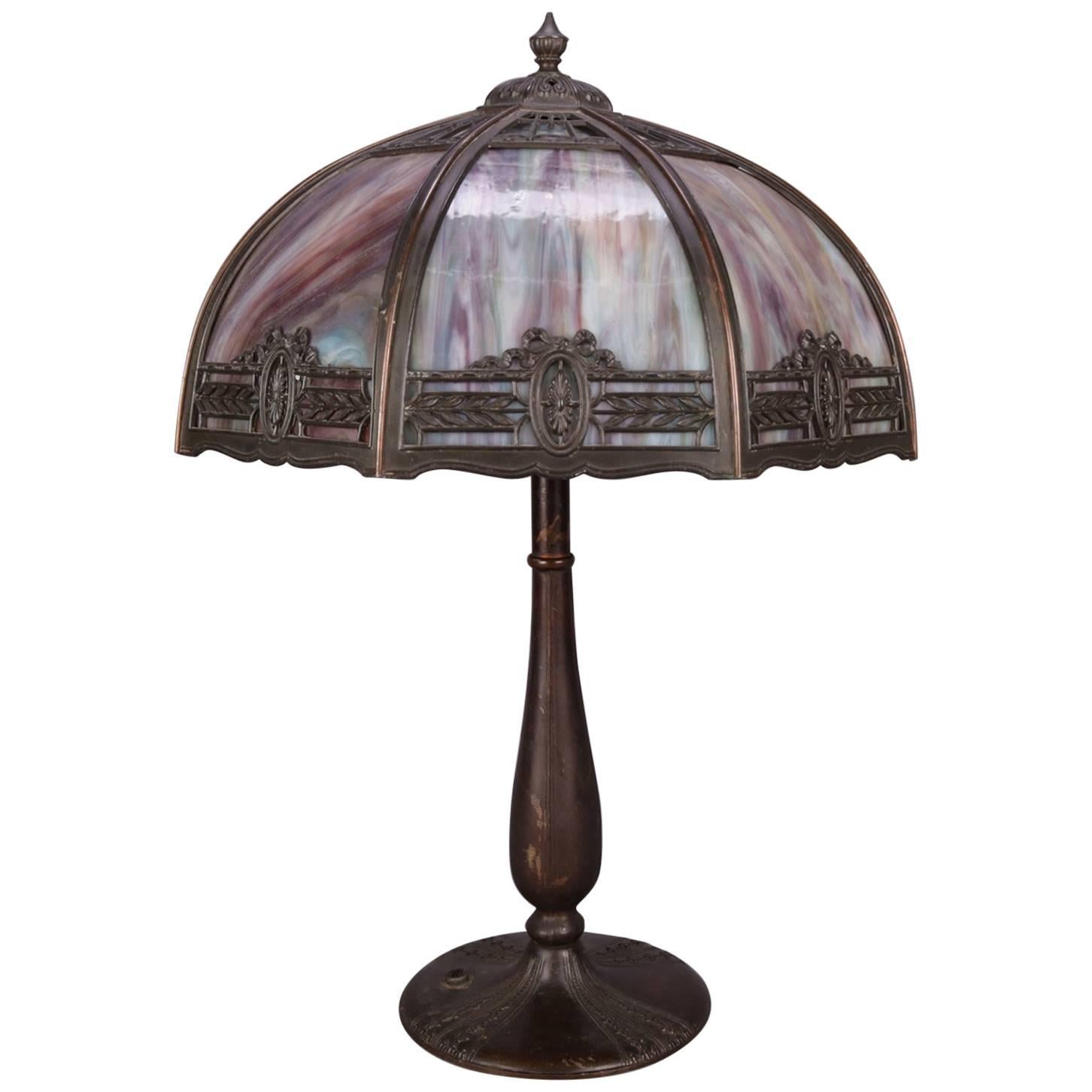Antike Arts & Crafts Bradley & Hubbard School Schlacke Glas Tischlampe:: um 1920
