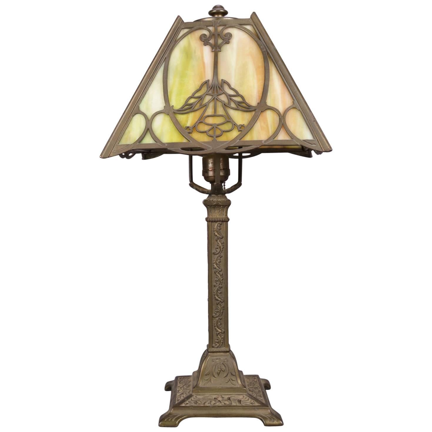 Antique Arts 
Crafts Bradley 
Hubbard School Slag Glass Table Lamp, circa 1920