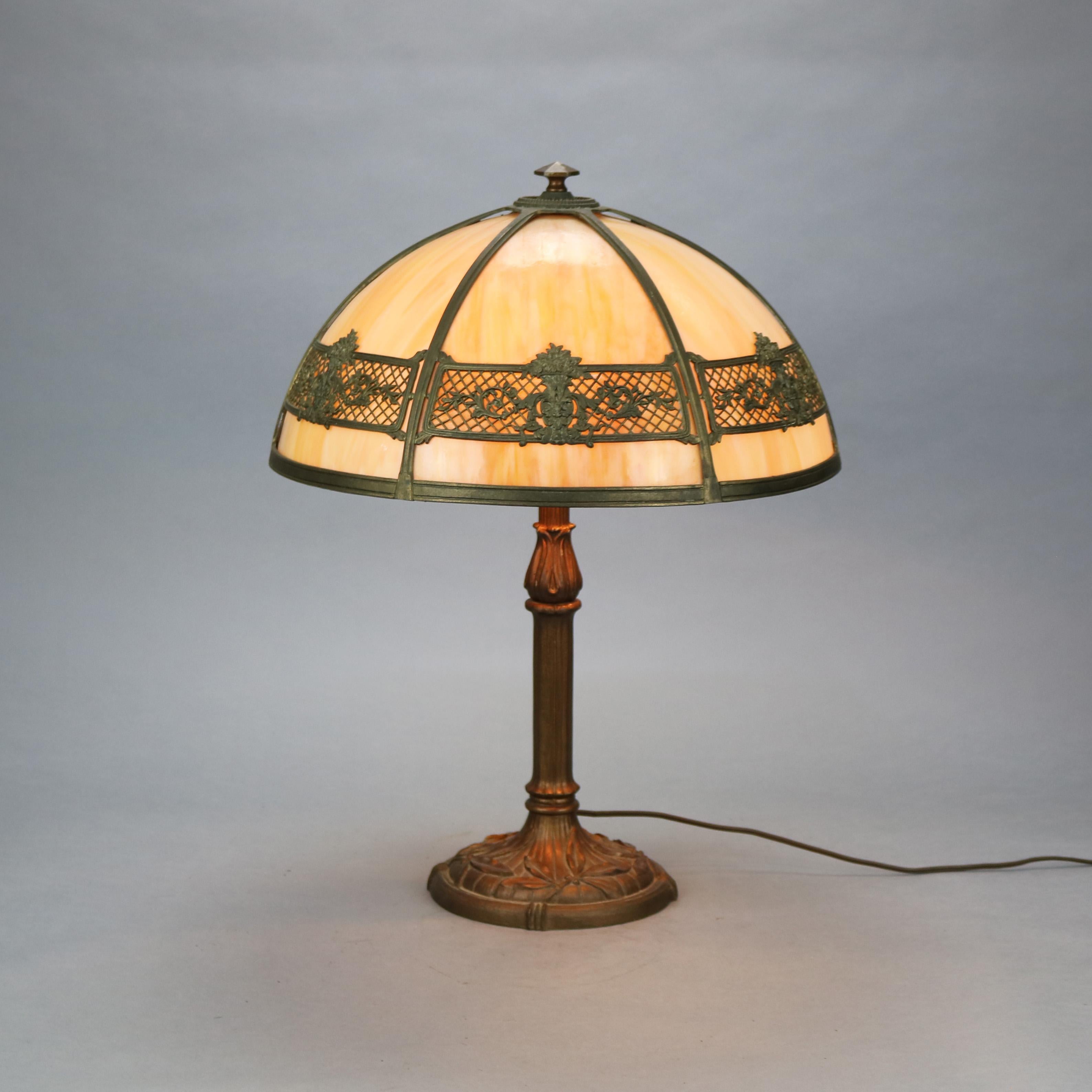 Cast Antique Arts & Crafts Bradley & Hubbard School Slag Table Lamp, c1910