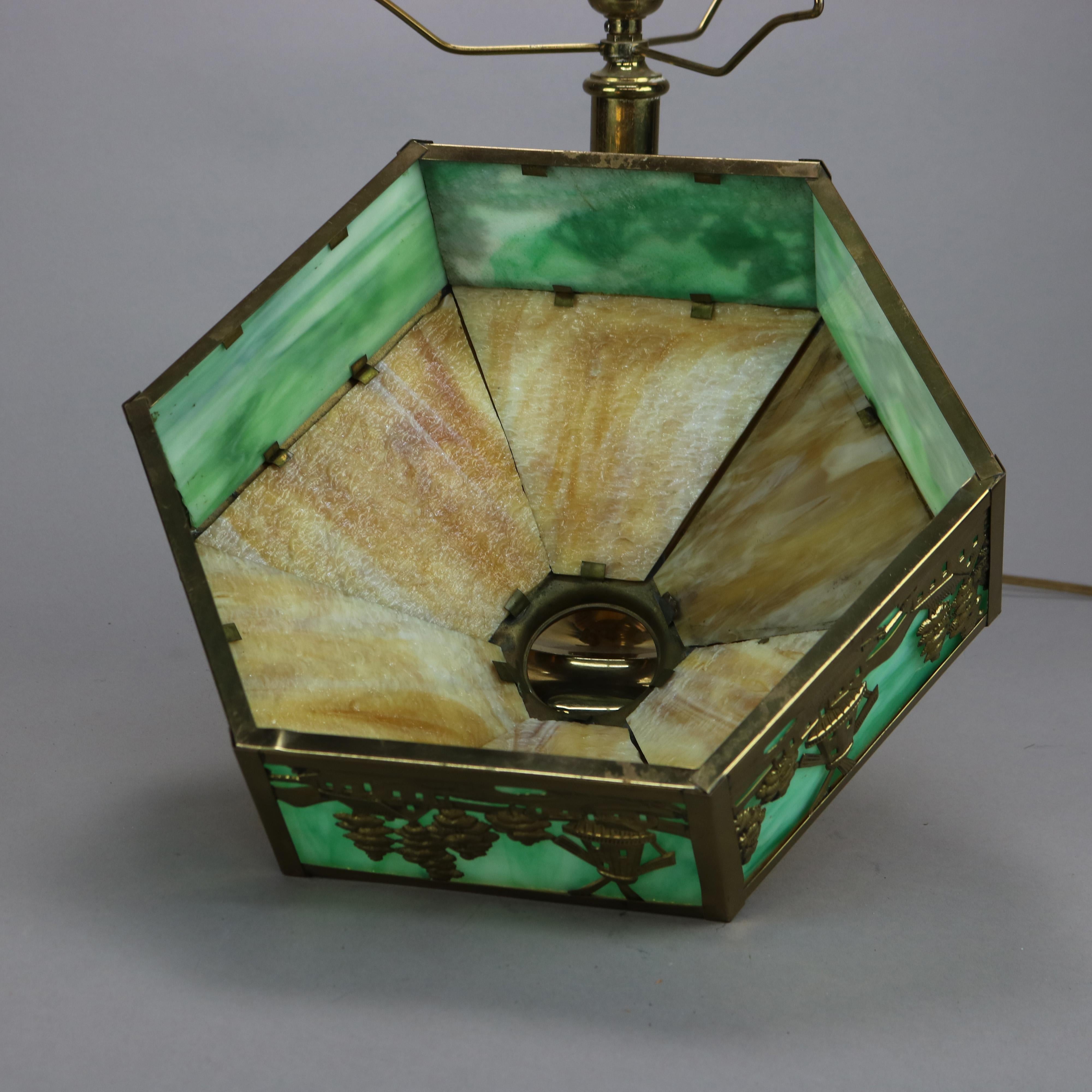 Antique Arts & Crafts Bradley & Hubbard School Windmill Slag Glass Lamp, c1920 4
