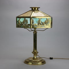 Antique Arts & Crafts Bradley & Hubbard School Windmill Slag Glass Lamp, c1920