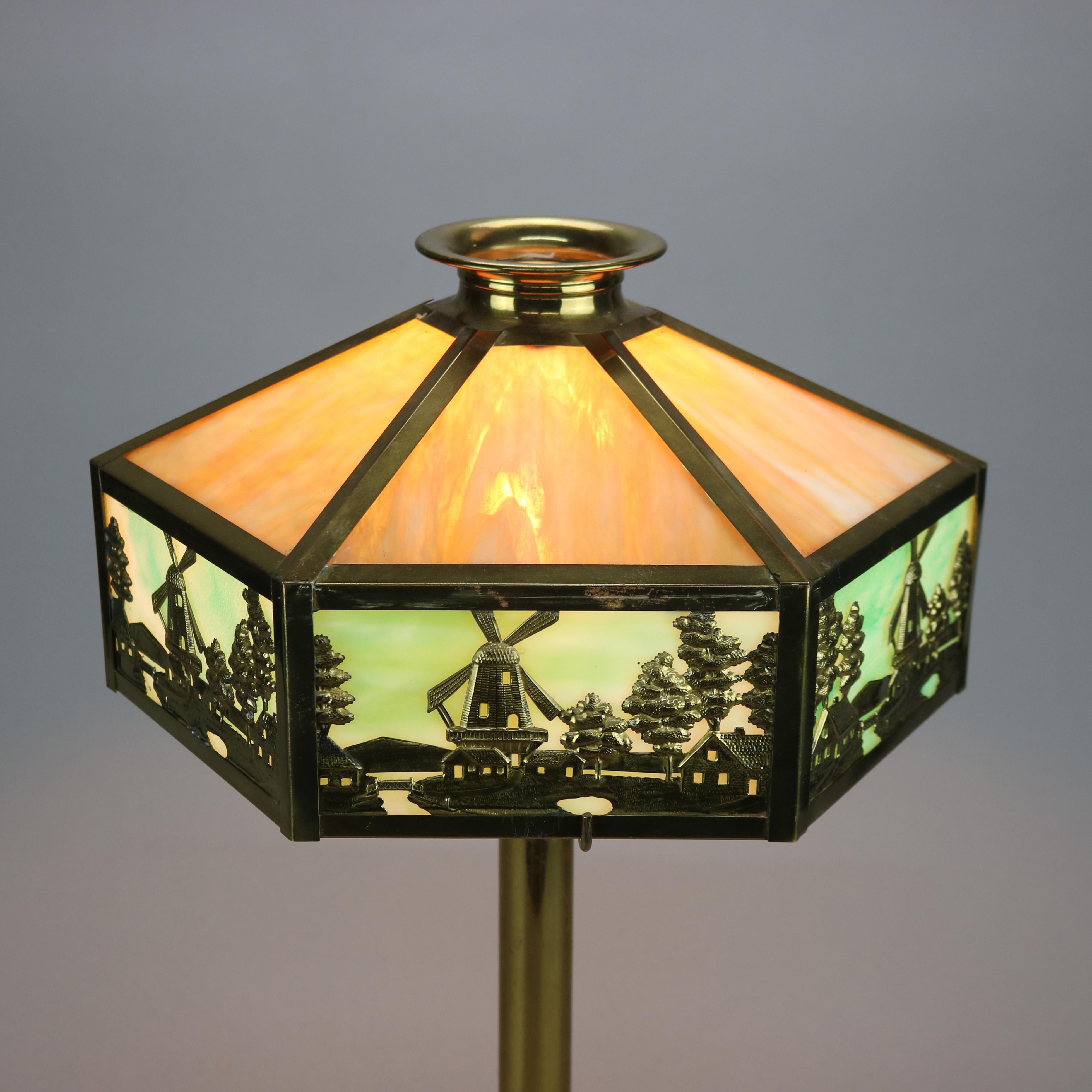 American Antique Arts & Crafts Bradley & Hubbard School Windmill Slag Glass Lamp, c1920