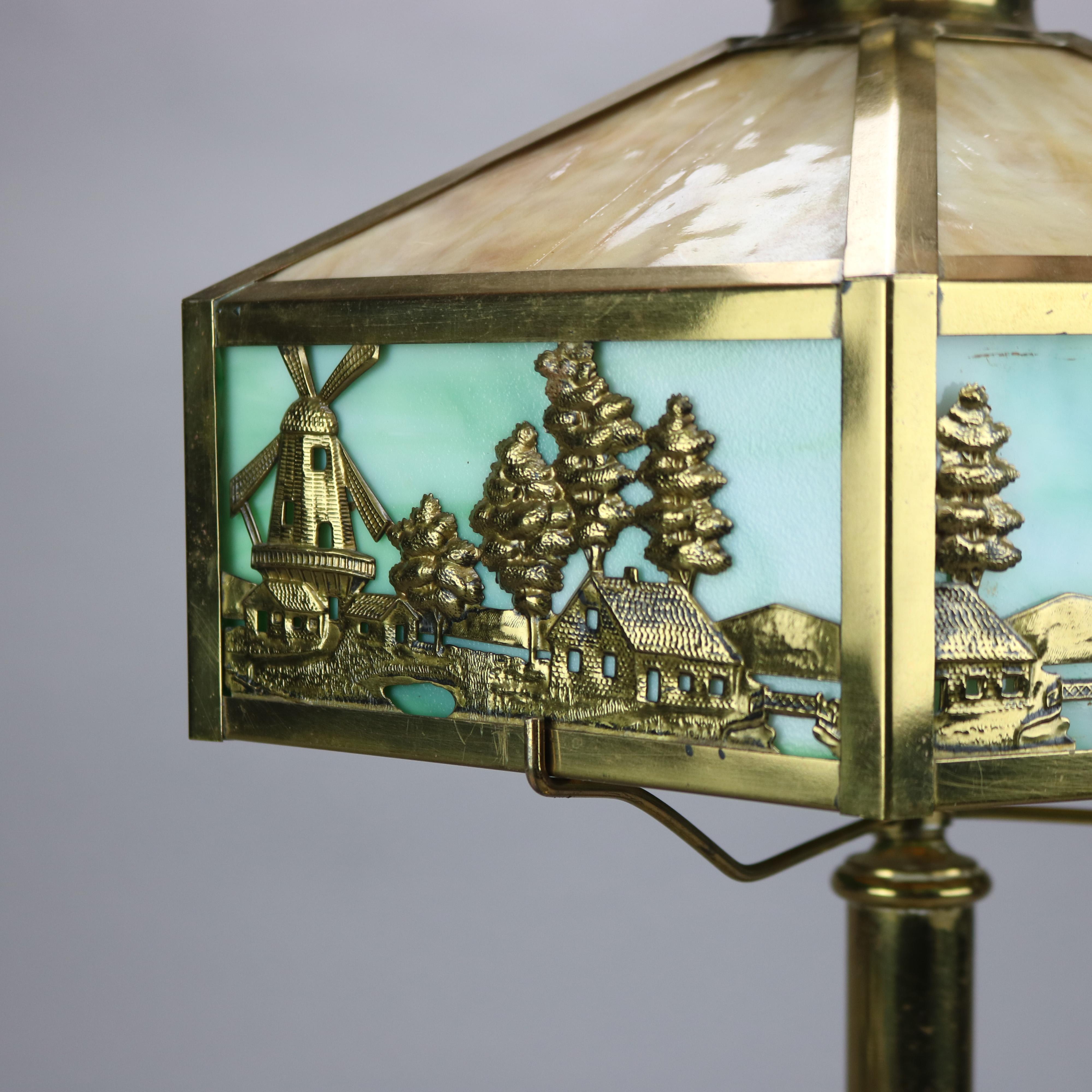Cast Antique Arts & Crafts Bradley & Hubbard School Windmill Slag Glass Lamp, c1920