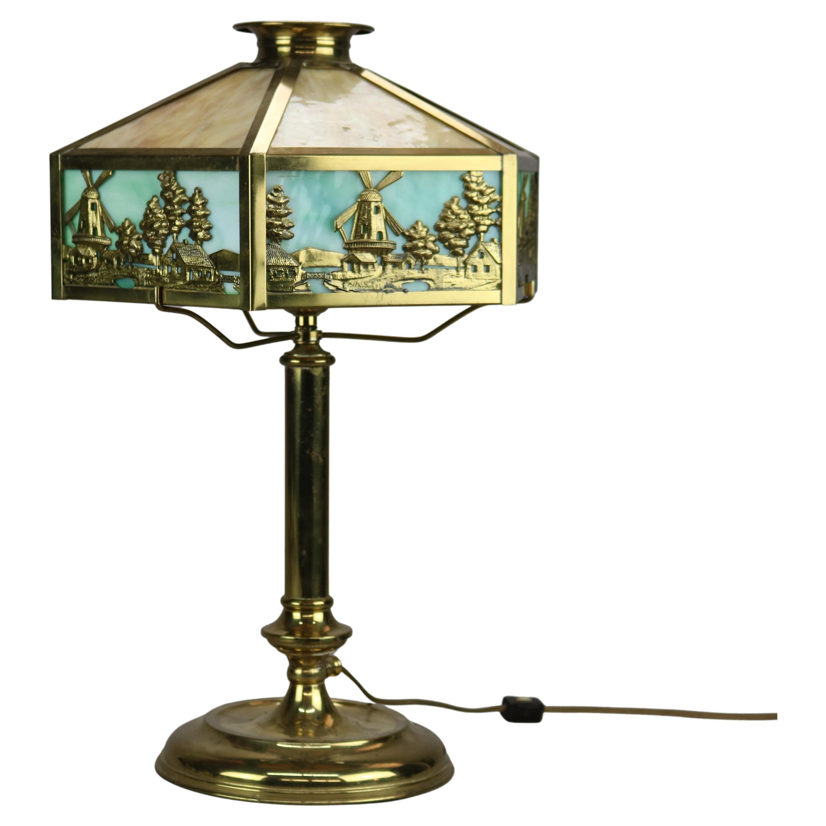 Antique Arts & Crafts Bradley & Hubbard School Windmill Slag Glass Lamp, c1920