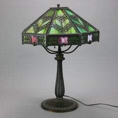 Antique Arts & Crafts Bradley & Hubbard Slag Glass Lamp, Stylized Chevron, c1920