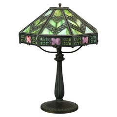 Antique Arts & Crafts Bradley & Hubbard Slag Glass Lamp, Stylized Chevron, c1920