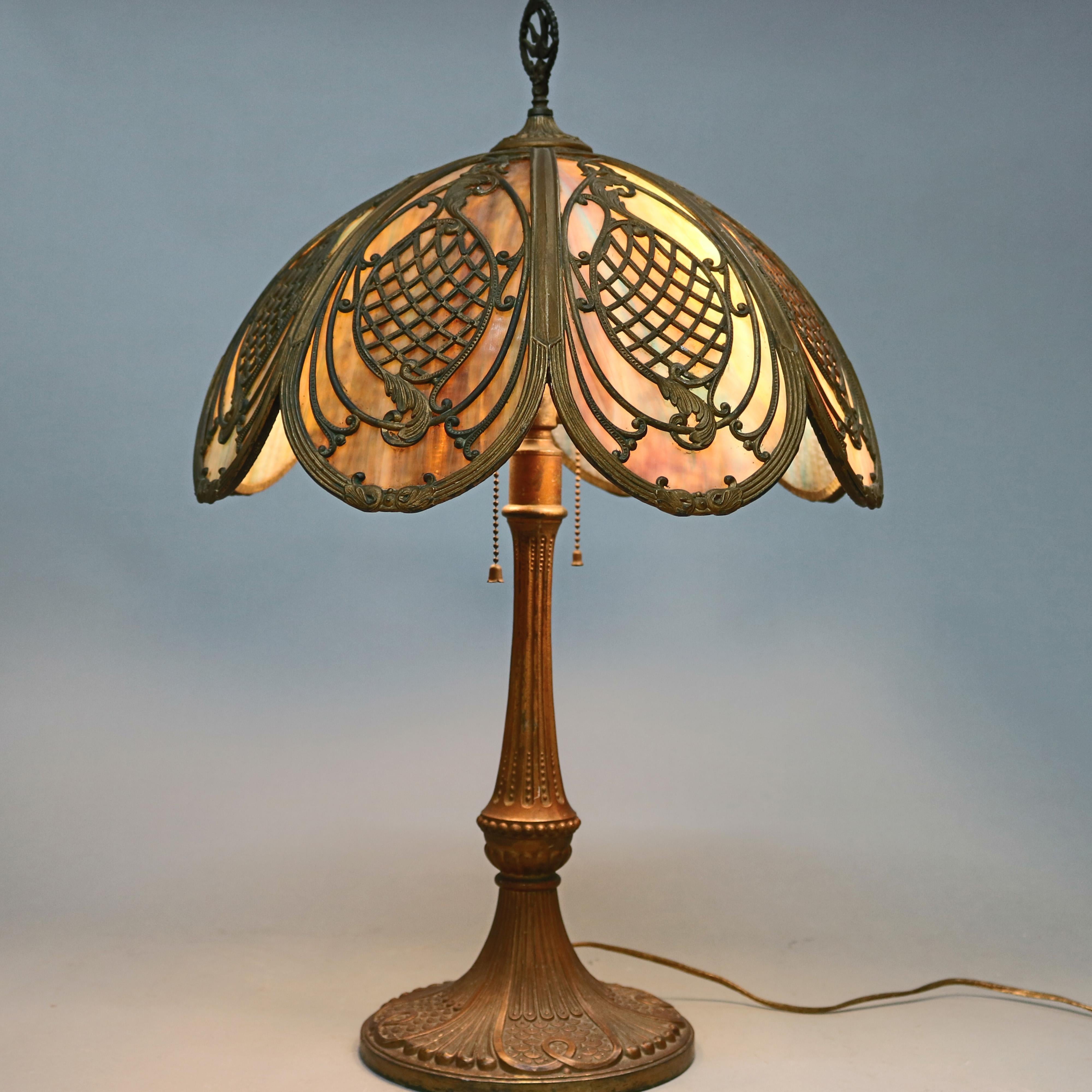 Arts and Crafts Arts & Crafts Bradley & Hubbard Slag Glass Oval Panel Table Lamp, circa 1920