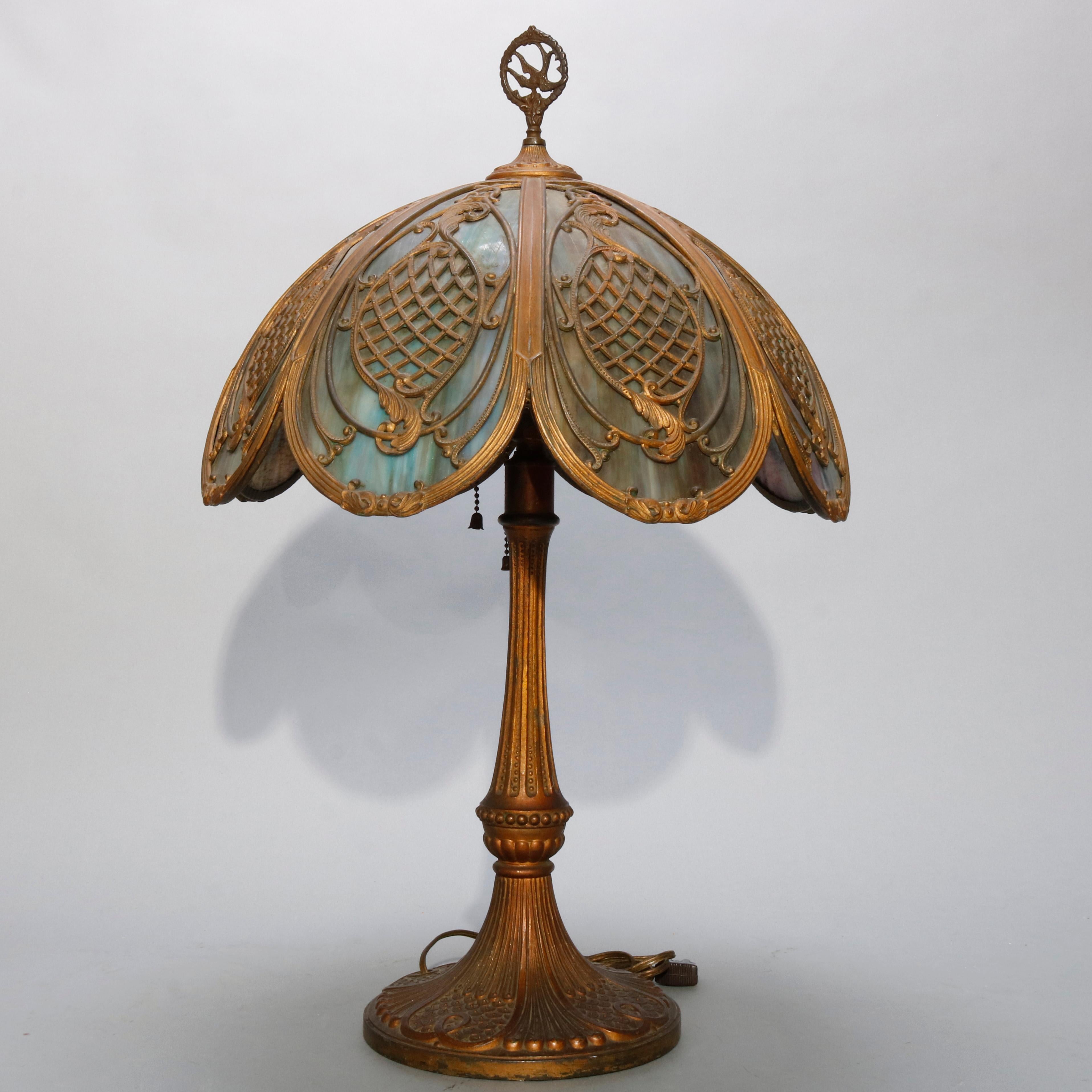 American Arts & Crafts Bradley & Hubbard Slag Glass Oval Panel Table Lamp, circa 1920