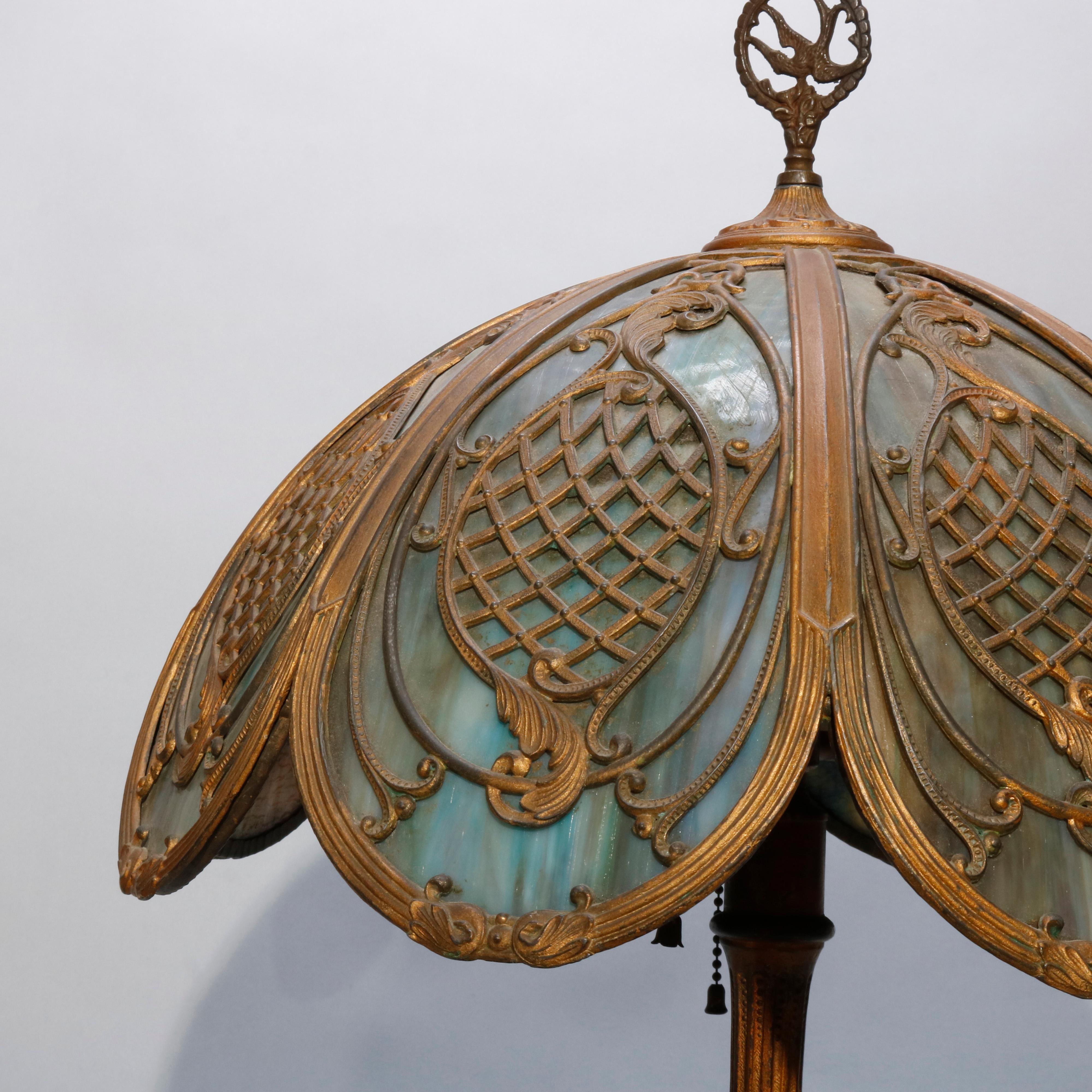 20th Century Arts & Crafts Bradley & Hubbard Slag Glass Oval Panel Table Lamp, circa 1920