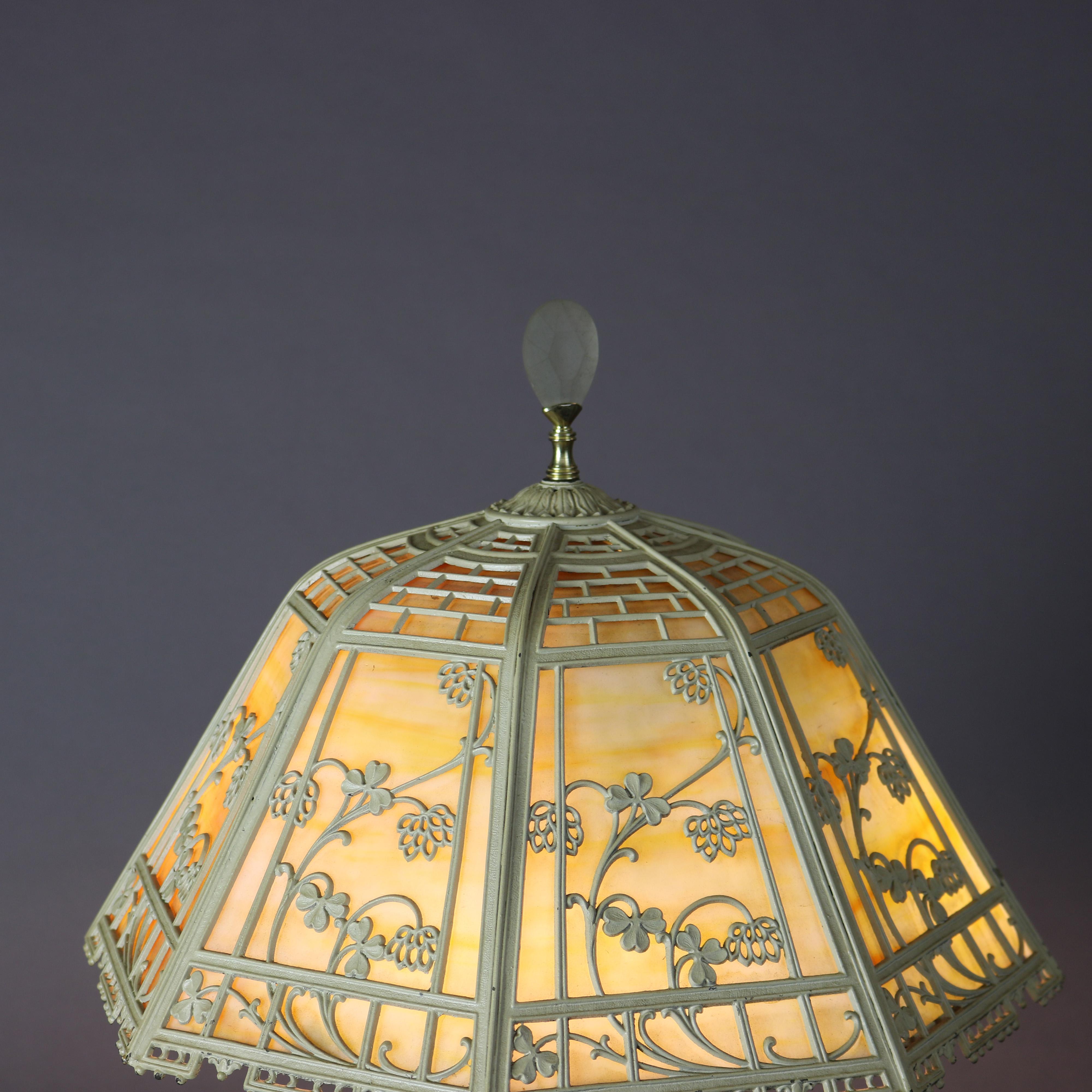 Antique Arts & Crafts Bradley & Hubbard Slag Glass Table Lamp, circa 1920 4