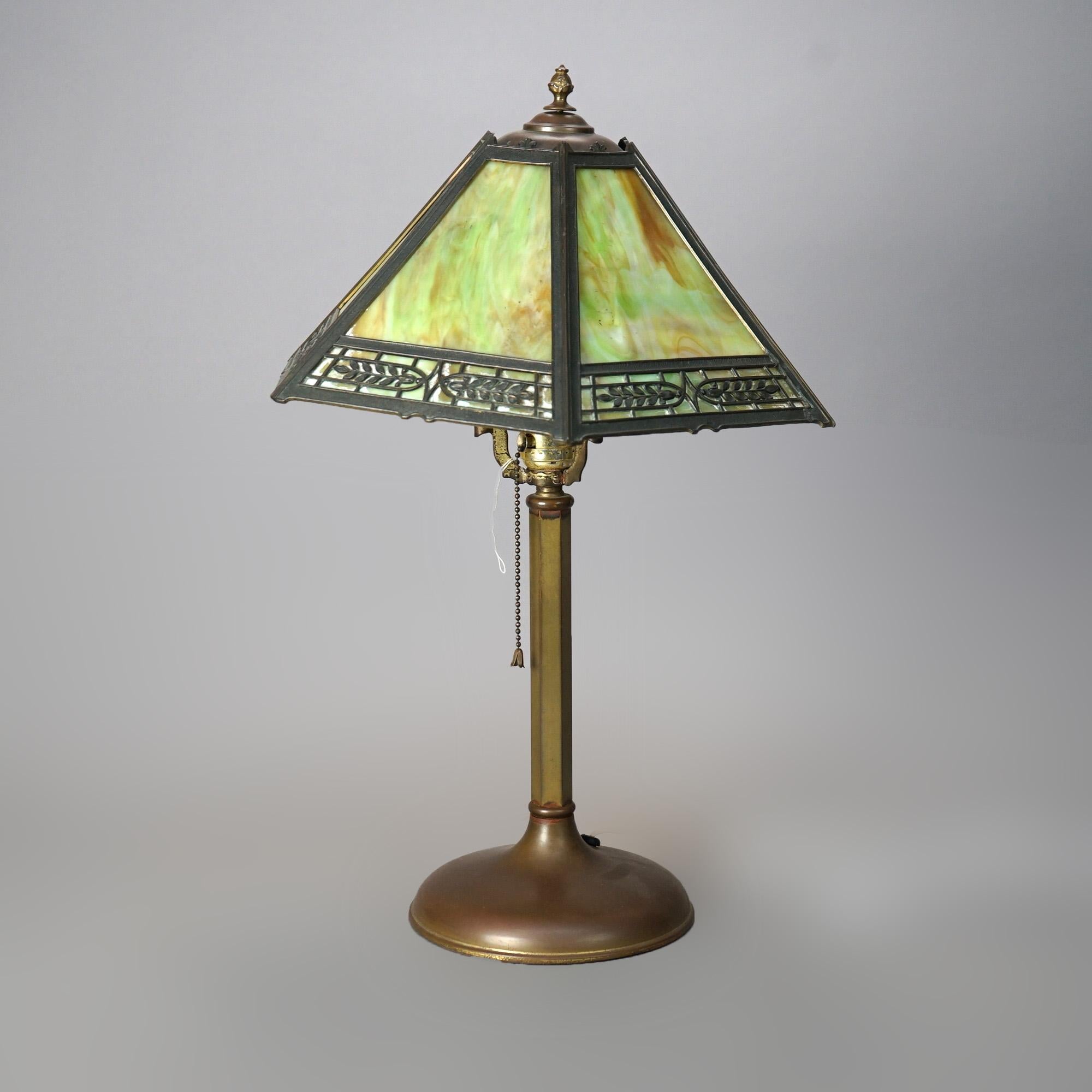American Antique Arts & Crafts Bradley & Hubbard Slag Glass Table Lamp Circa 1920 For Sale