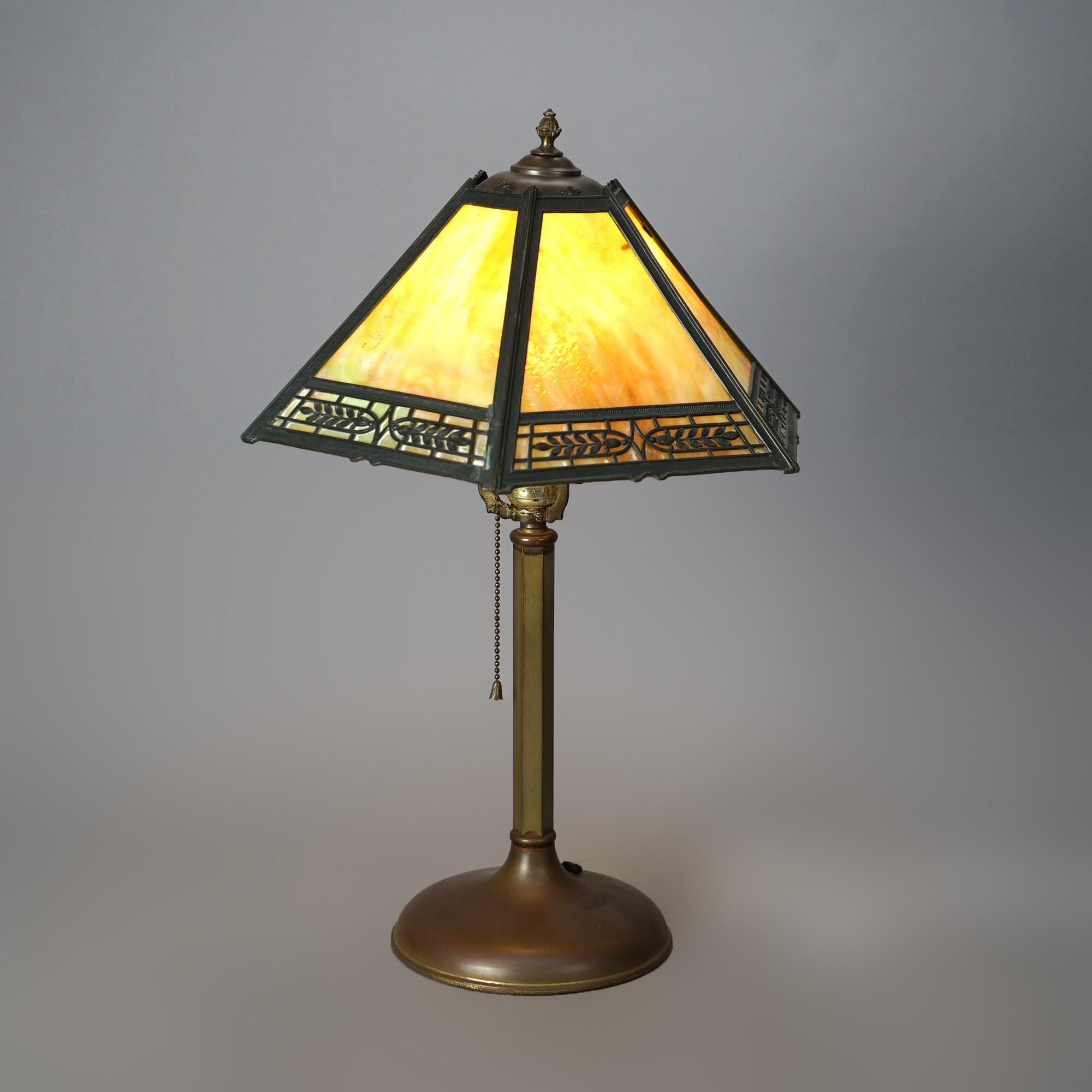 Cast Antique Arts & Crafts Bradley & Hubbard Slag Glass Table Lamp Circa 1920 For Sale