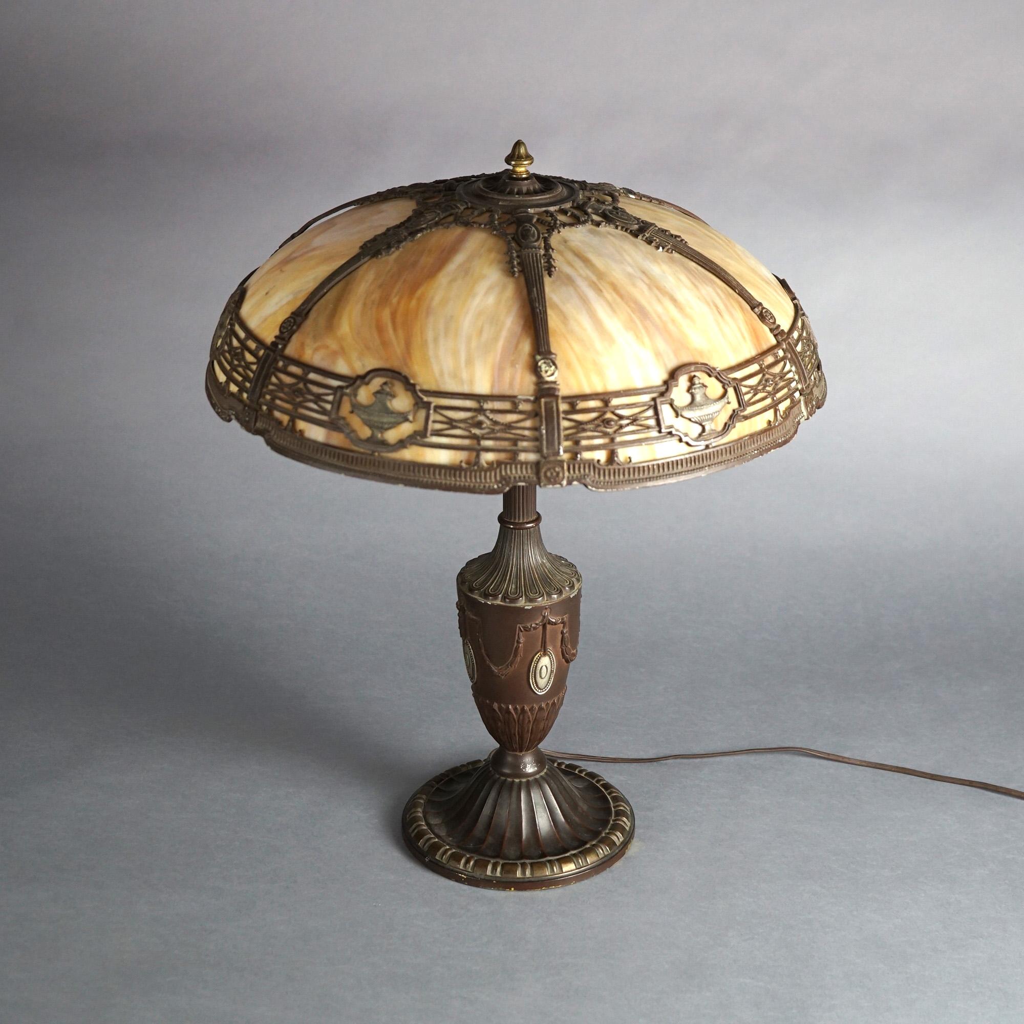 Antique Arts & Crafts Bradley & Hubbard Slag Glass Table Lamp Circa 1920 In Good Condition For Sale In Big Flats, NY