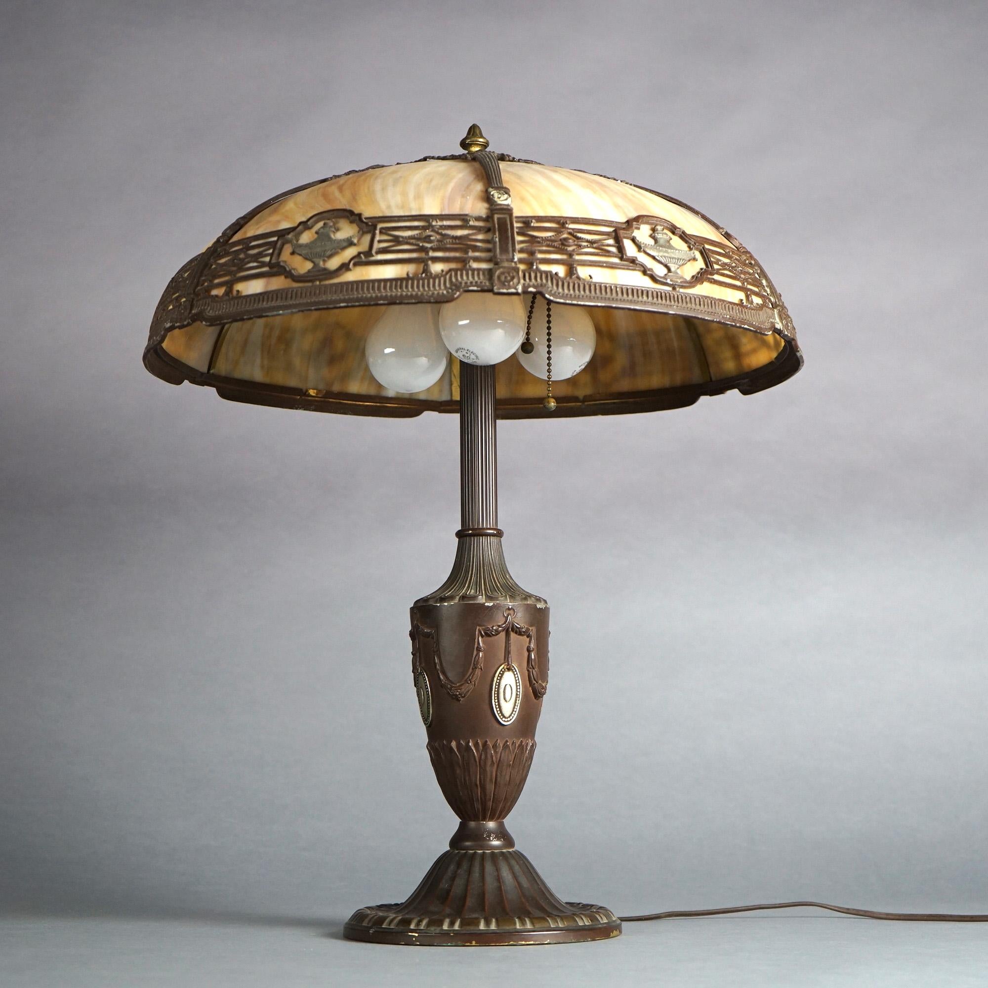 Antique Arts & Crafts Bradley & Hubbard Slag Glass Table Lamp Circa 1920 In Good Condition For Sale In Big Flats, NY