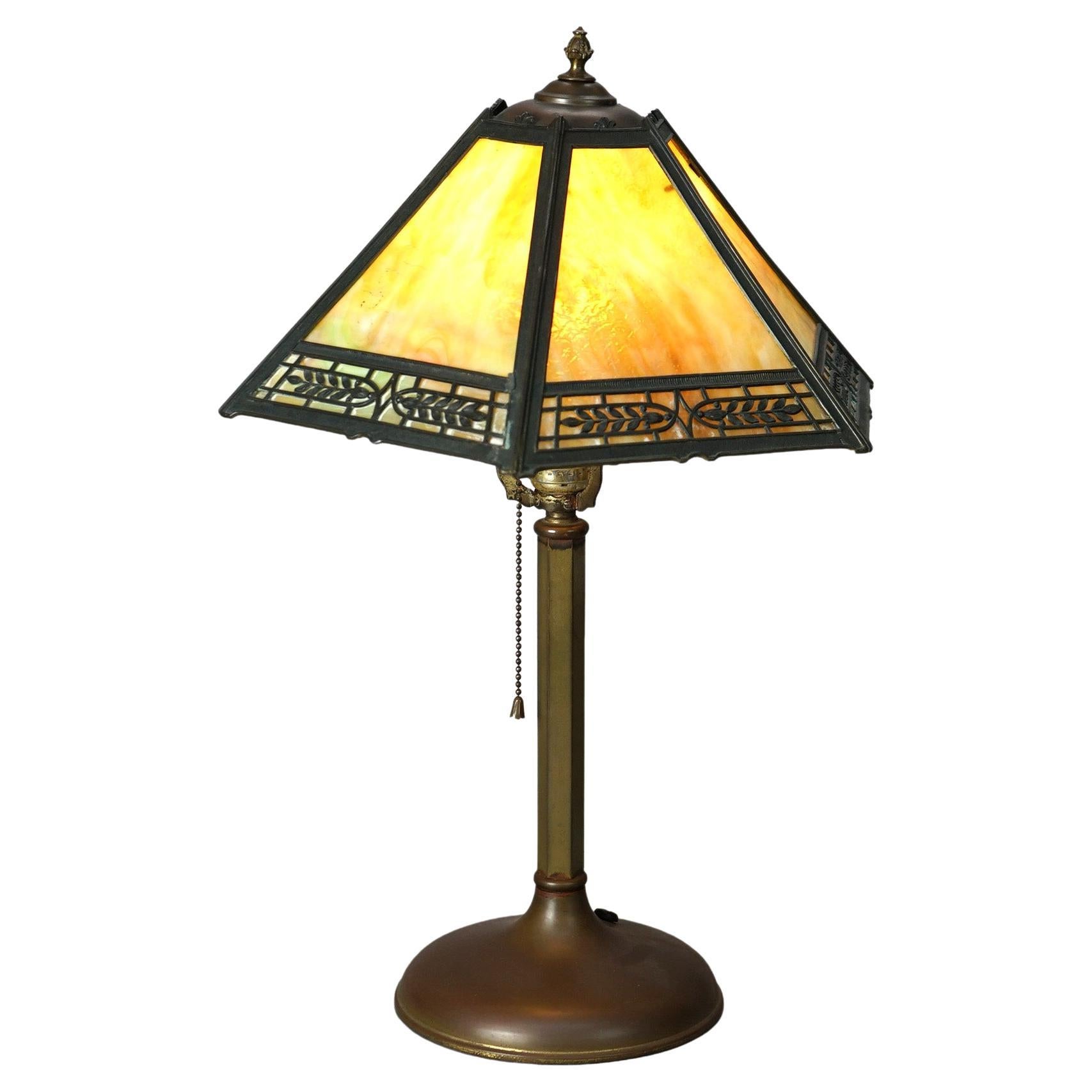 Antique Arts & Crafts Bradley & Hubbard Slag Glass Table Lamp Circa 1920 For Sale