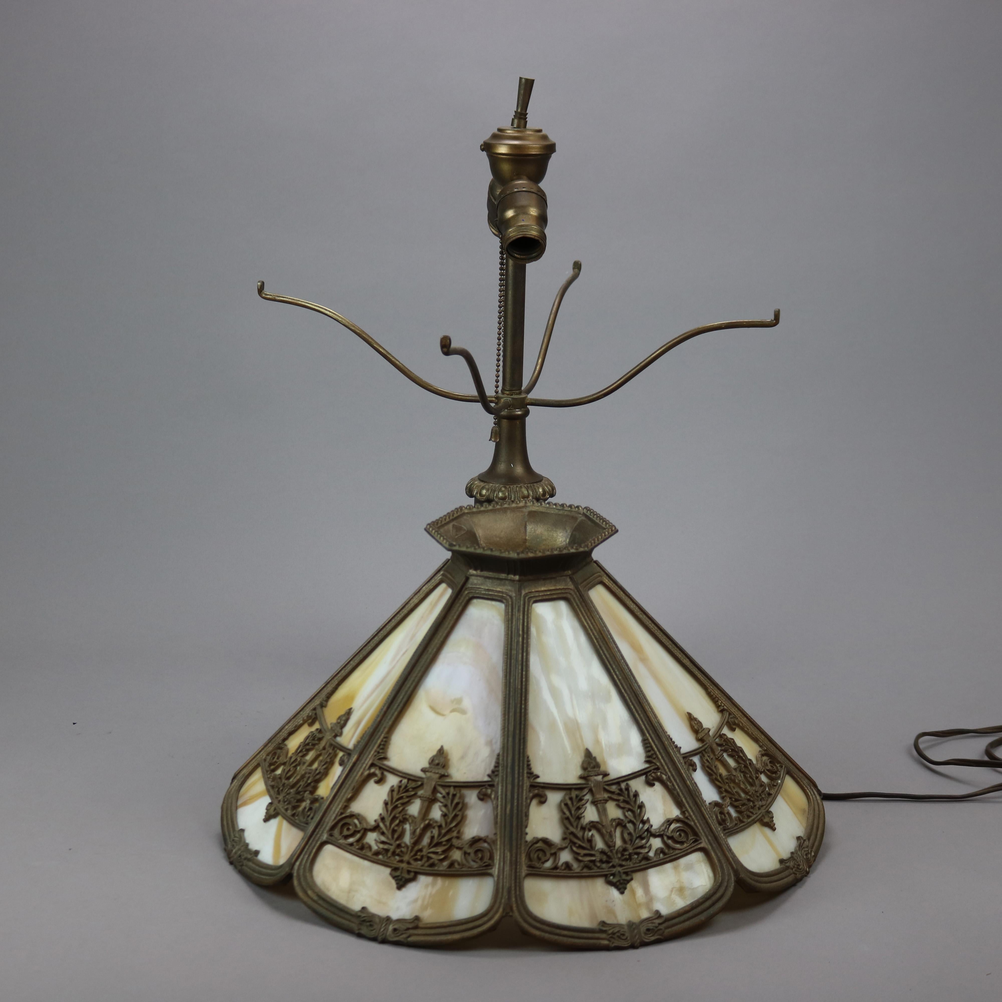 Cast Antique Arts & Crafts Bradley & Hubbard Slag Glass Table Lamp, Victory, c1920