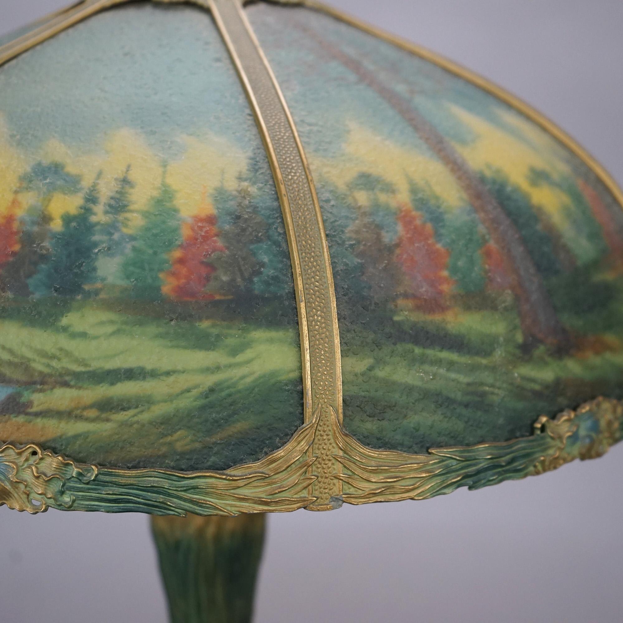 Hand-Painted  Antique Arts & Crafts Bradley & Hubbard Style Reverse Painted Lamp C1920 For Sale
