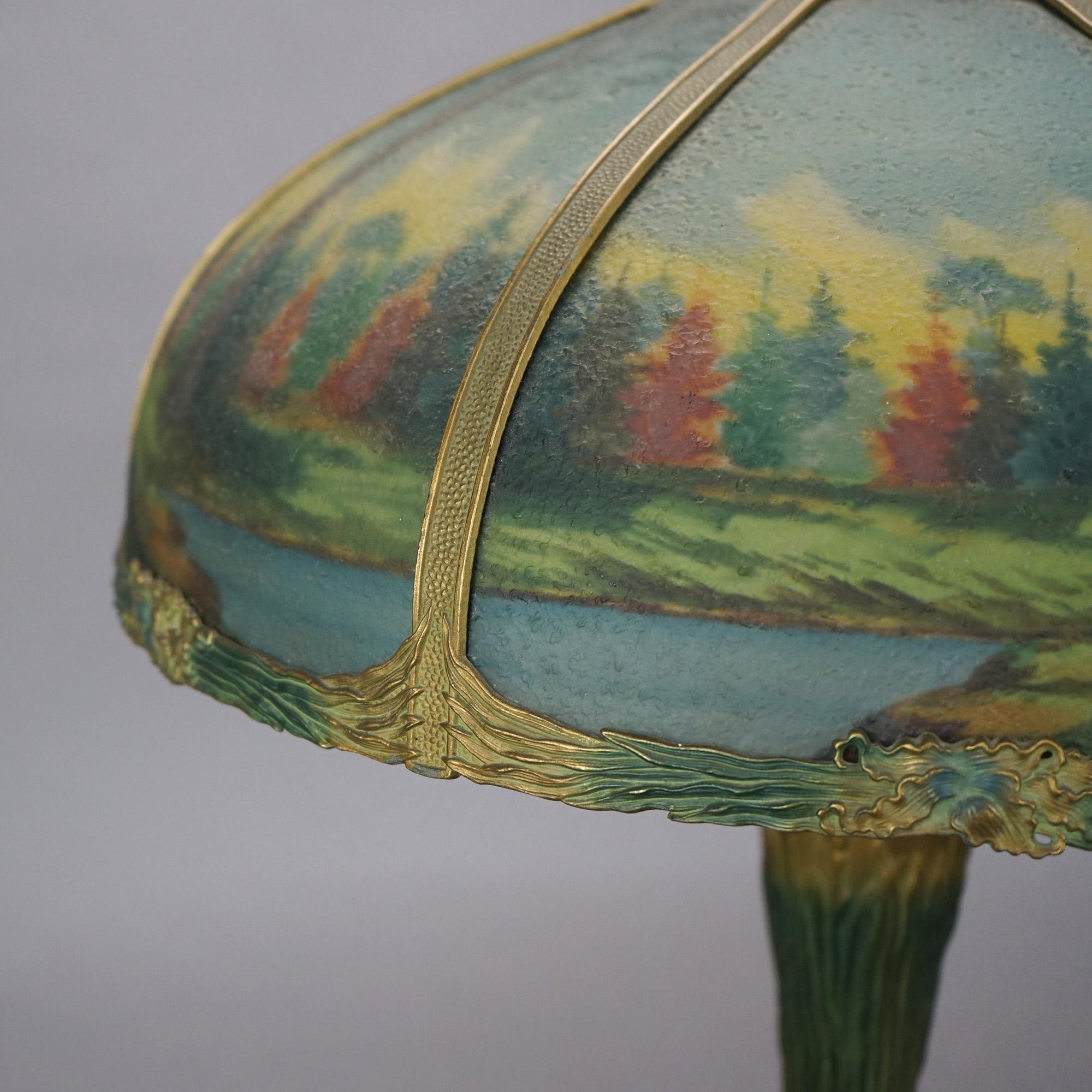 Antique Arts & Crafts Bradley & Hubbard Style Reverse Painted Lamp C1920 In Good Condition For Sale In Big Flats, NY