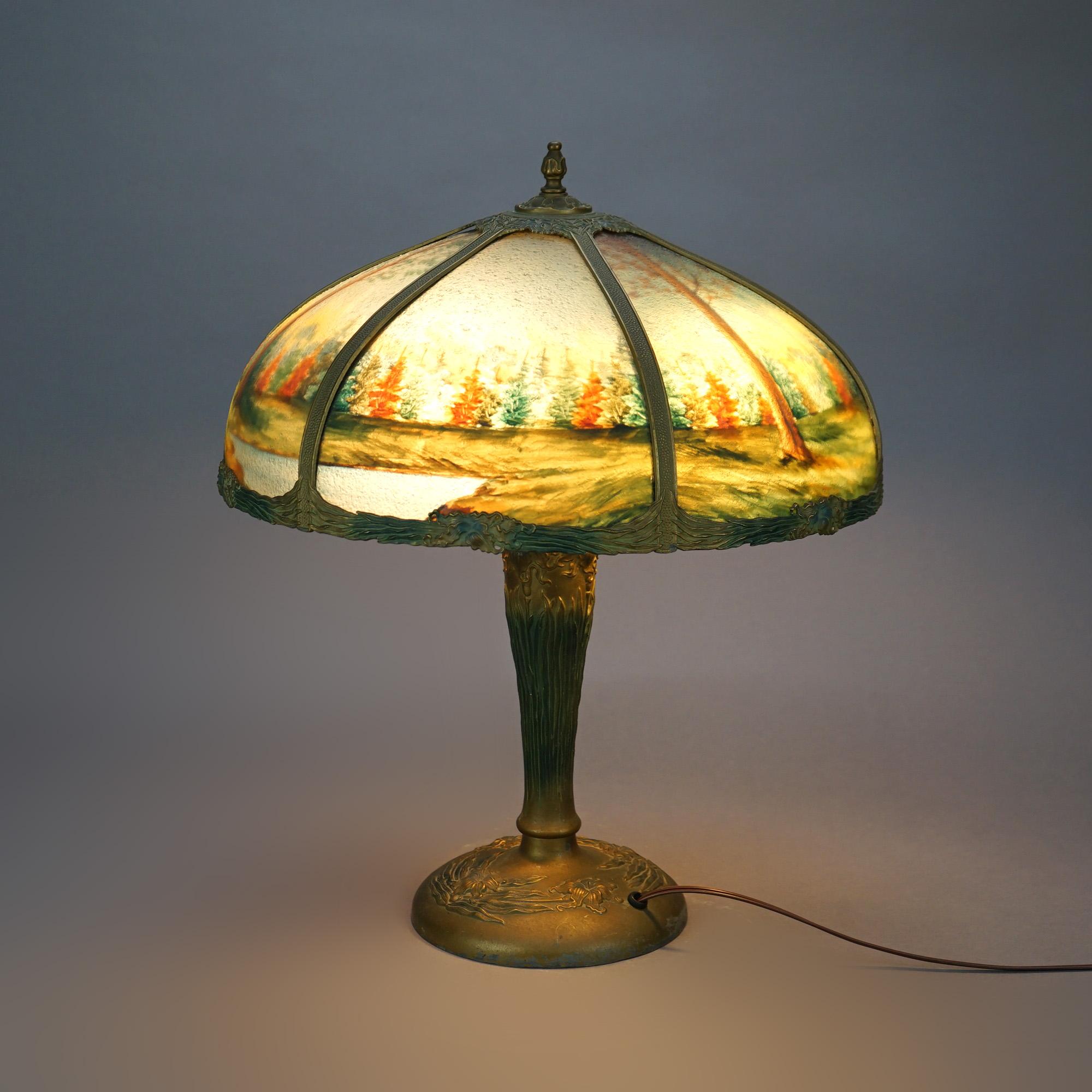 20th Century  Antique Arts & Crafts Bradley & Hubbard Style Reverse Painted Lamp C1920 For Sale