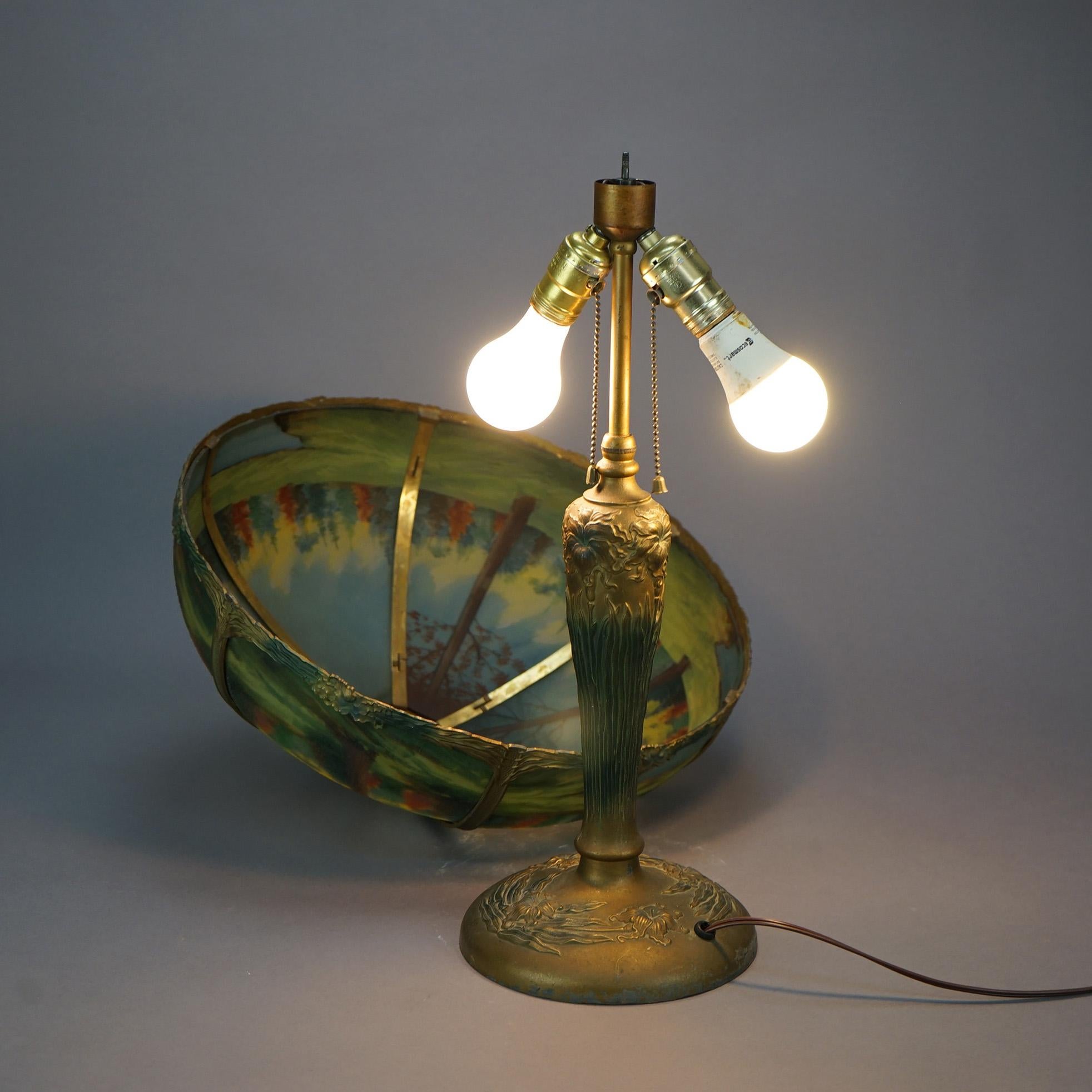 Metal  Antique Arts & Crafts Bradley & Hubbard Style Reverse Painted Lamp C1920 For Sale