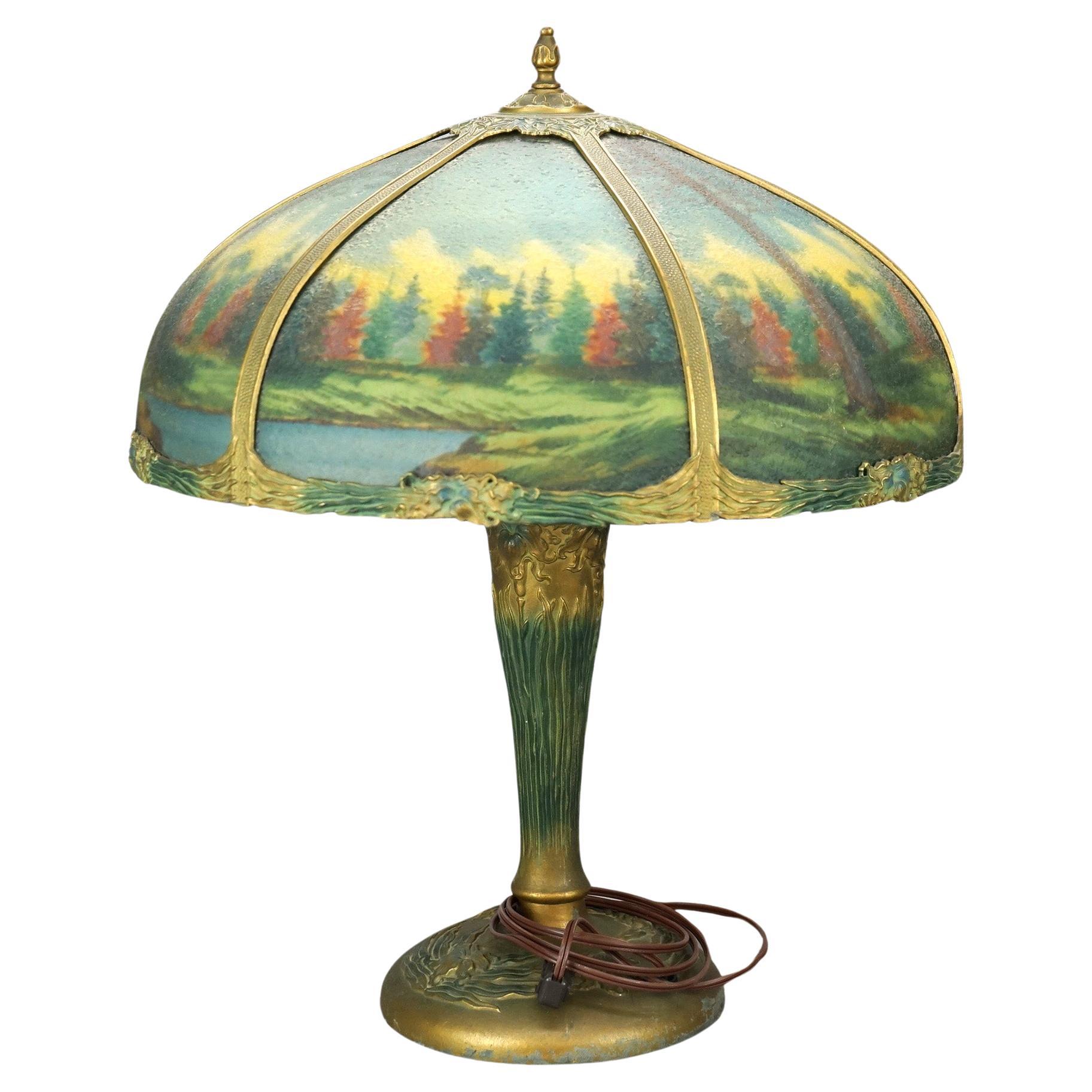  Antique Arts & Crafts Bradley & Hubbard Style Reverse Painted Lamp C1920 For Sale