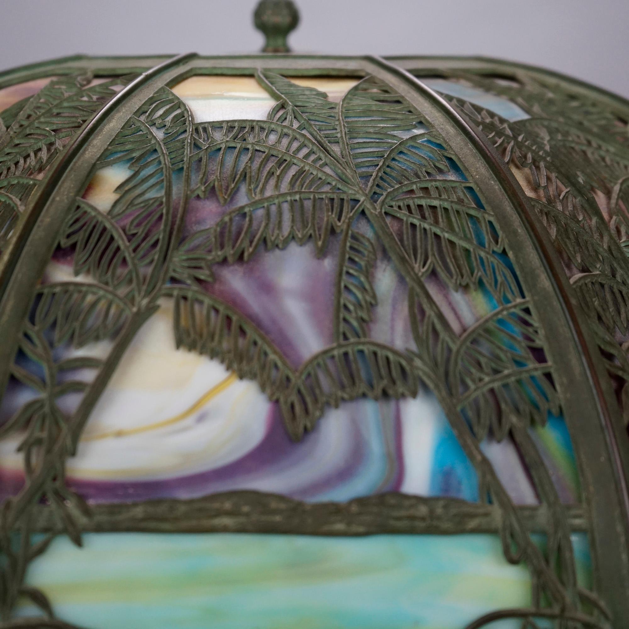 Antique Arts & Crafts Bradley & Hubbard Sunset Palm Slag Glass Table Lamp, c1920 4
