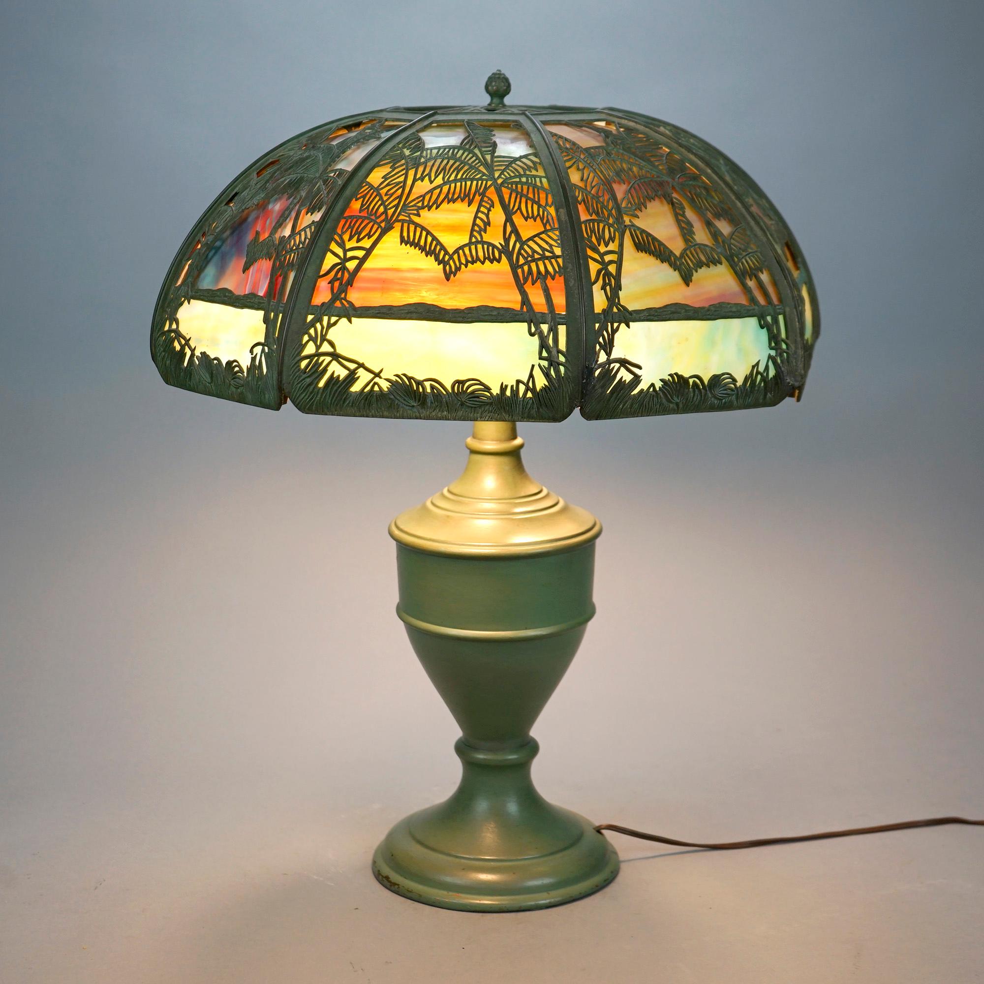 Arts and Crafts Antique Arts & Crafts Bradley & Hubbard Sunset Palm Slag Glass Table Lamp, c1920