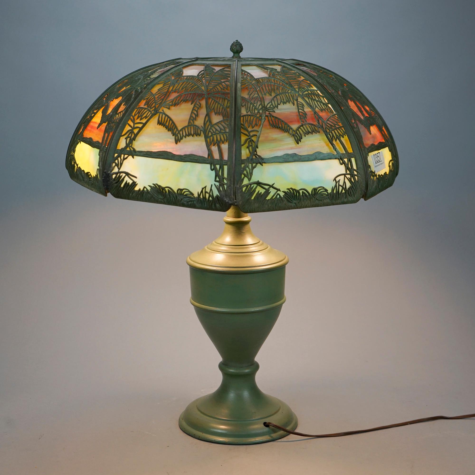 American Antique Arts & Crafts Bradley & Hubbard Sunset Palm Slag Glass Table Lamp, c1920