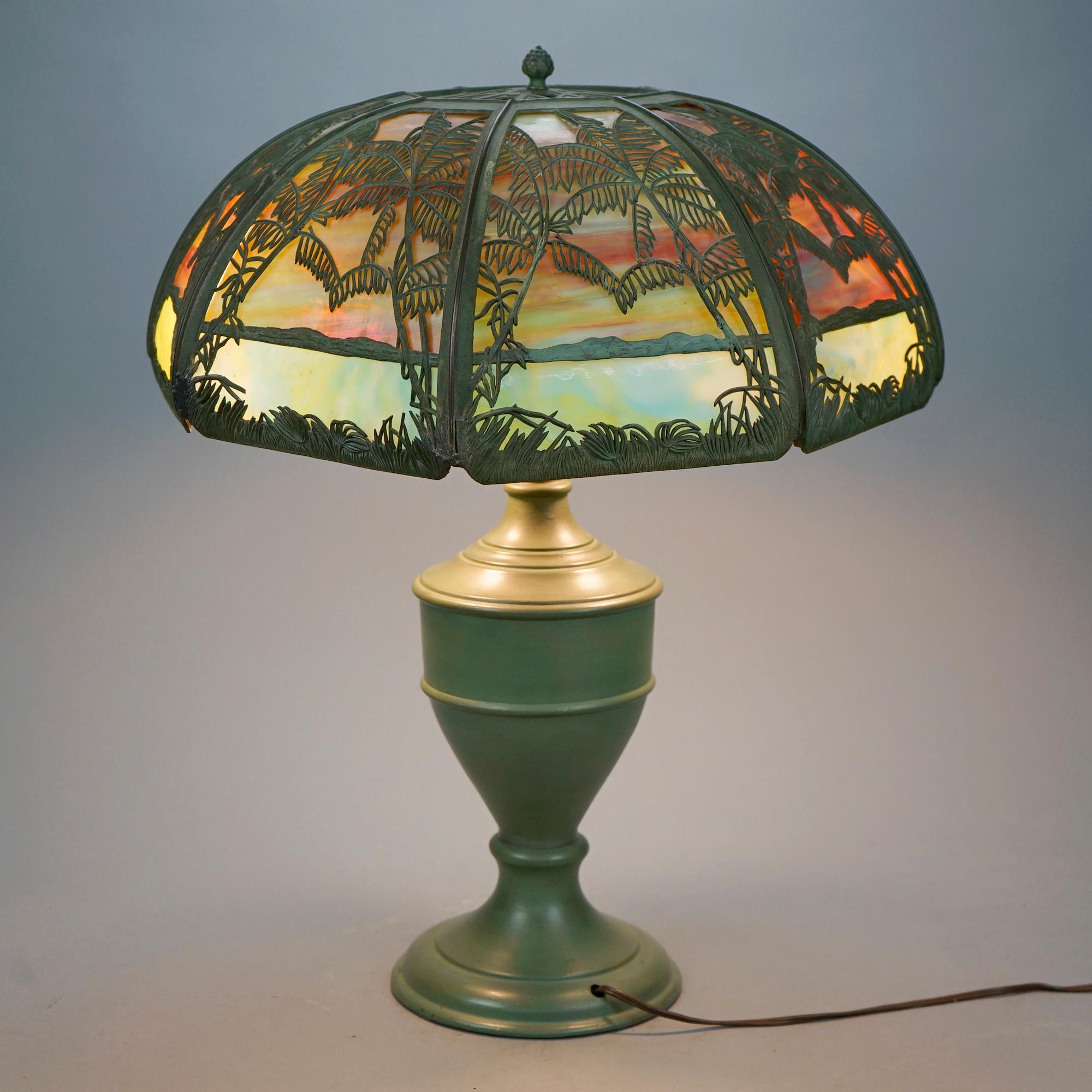 Cast Antique Arts & Crafts Bradley & Hubbard Sunset Palm Slag Glass Table Lamp, c1920