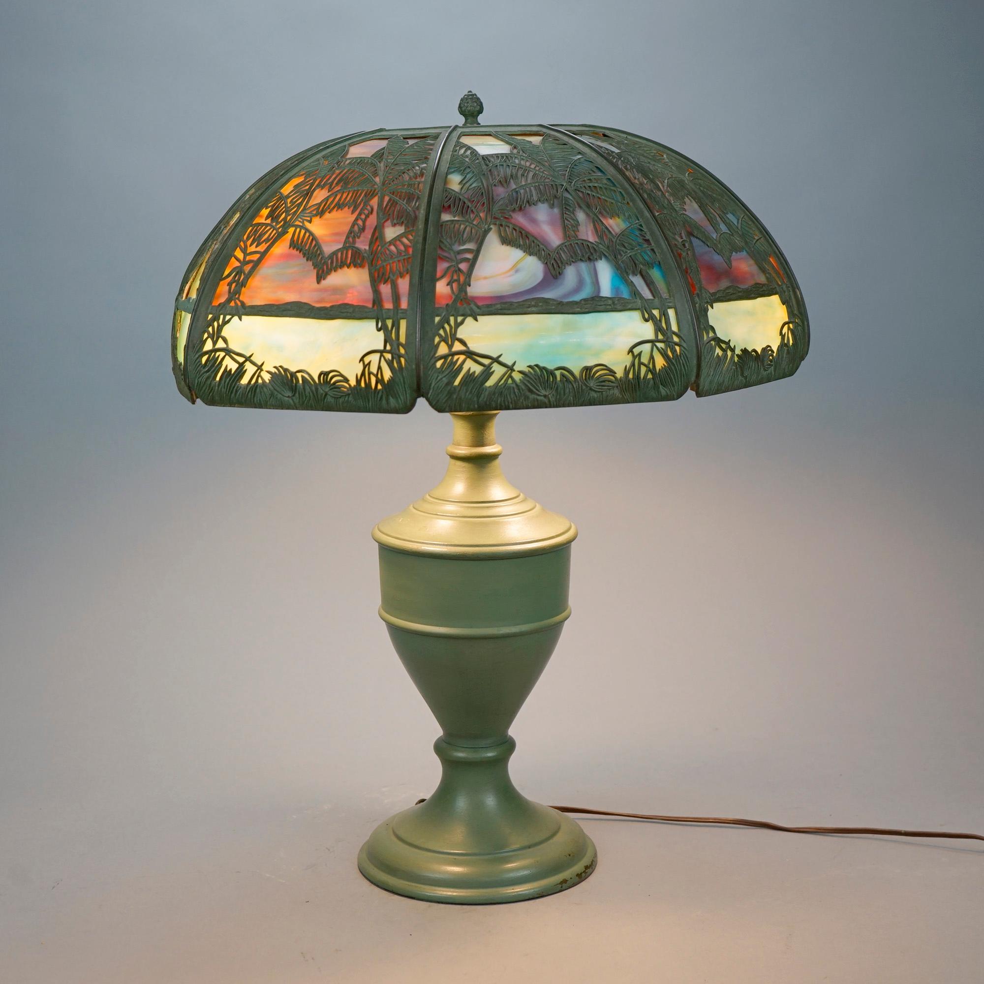 Antique Arts & Crafts Bradley & Hubbard Sunset Palm Slag Glass Table Lamp, c1920 In Good Condition In Big Flats, NY