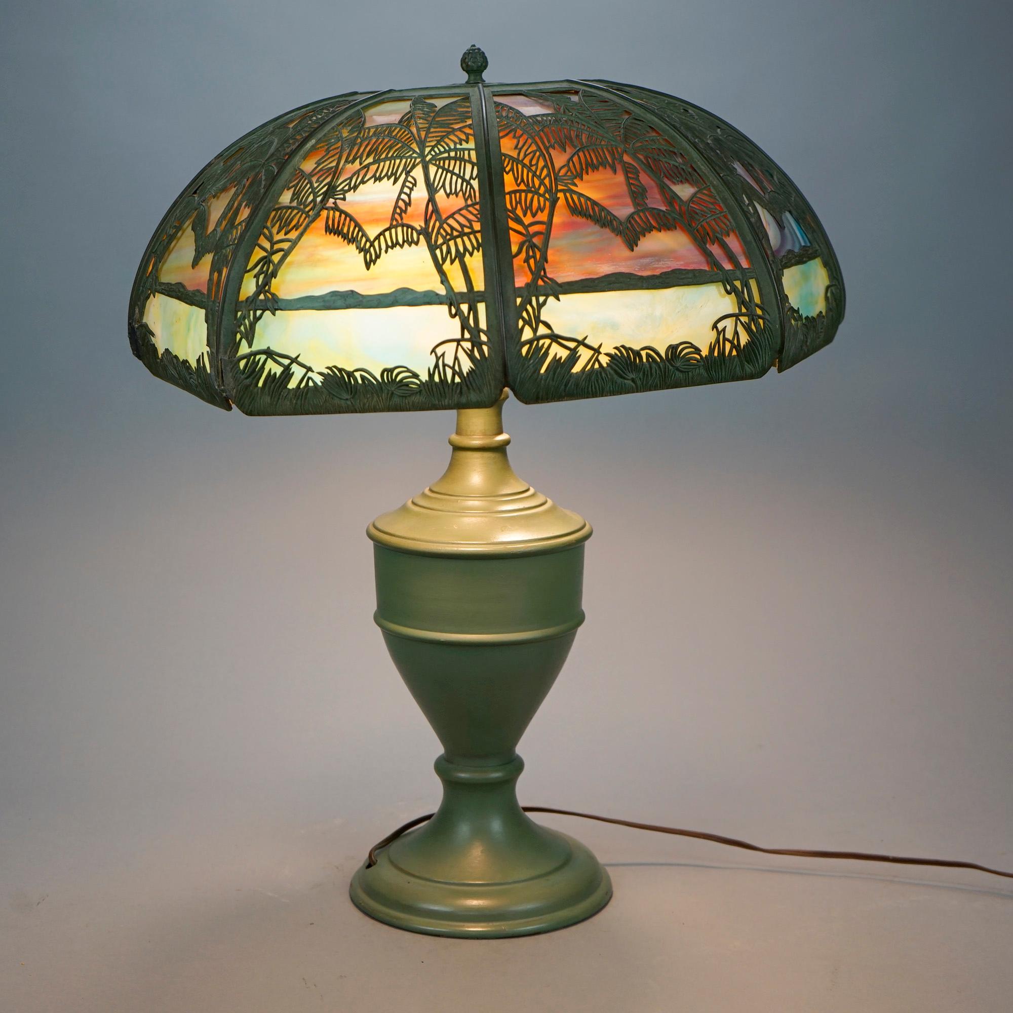 20th Century Antique Arts & Crafts Bradley & Hubbard Sunset Palm Slag Glass Table Lamp, c1920