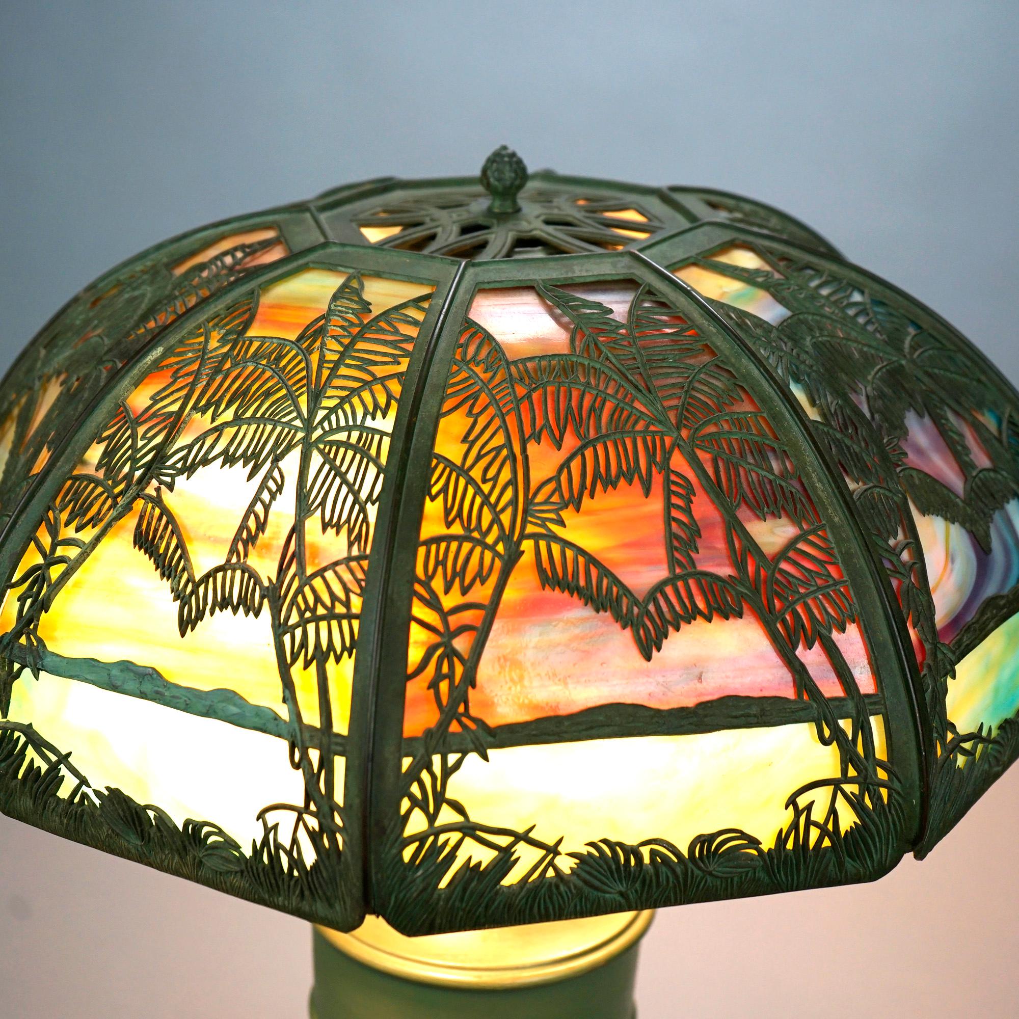 Antique Arts & Crafts Bradley & Hubbard Sunset Palm Slag Glass Table Lamp, c1920 1