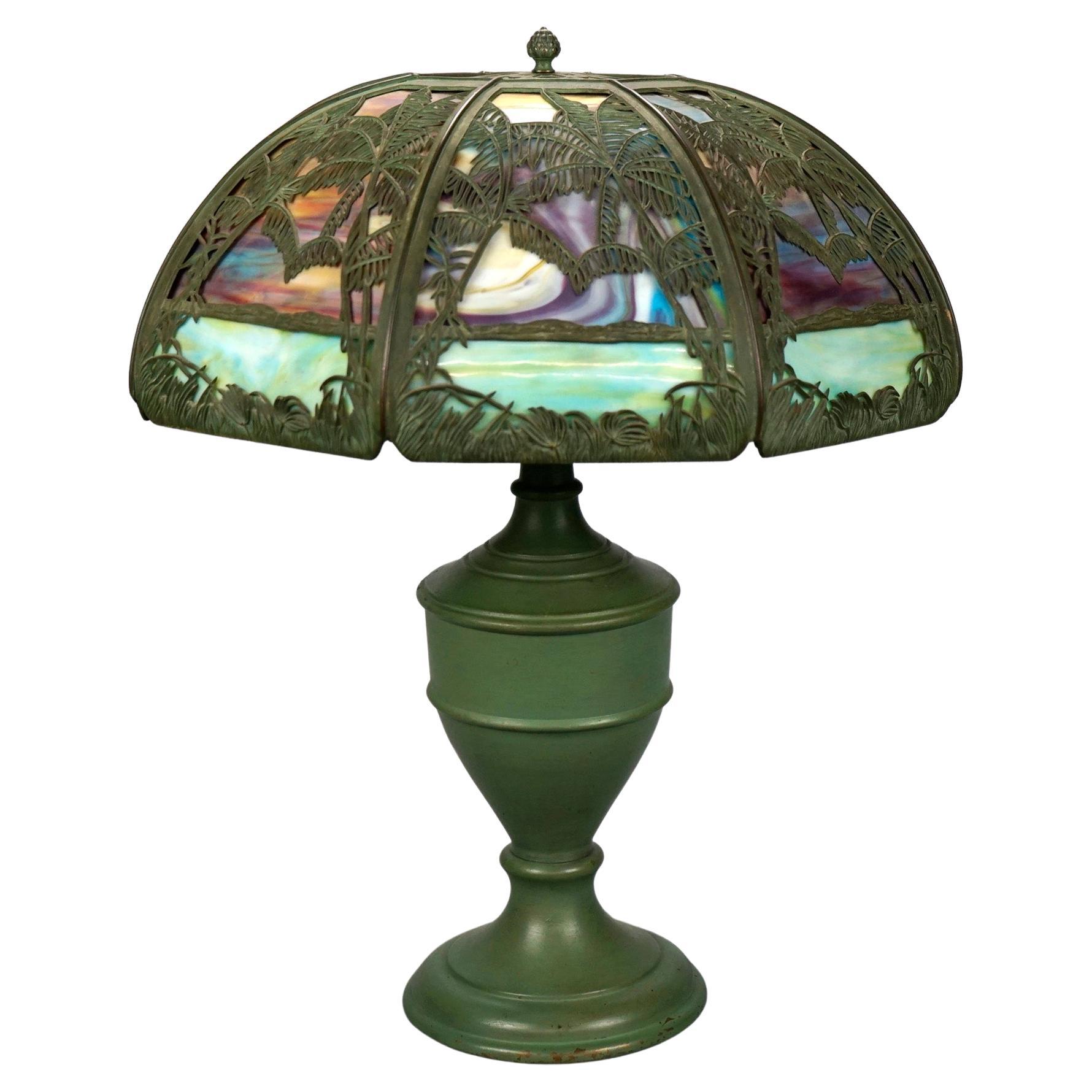 Antique Arts & Crafts Bradley & Hubbard Sunset Palm Slag Glass Table Lamp, c1920
