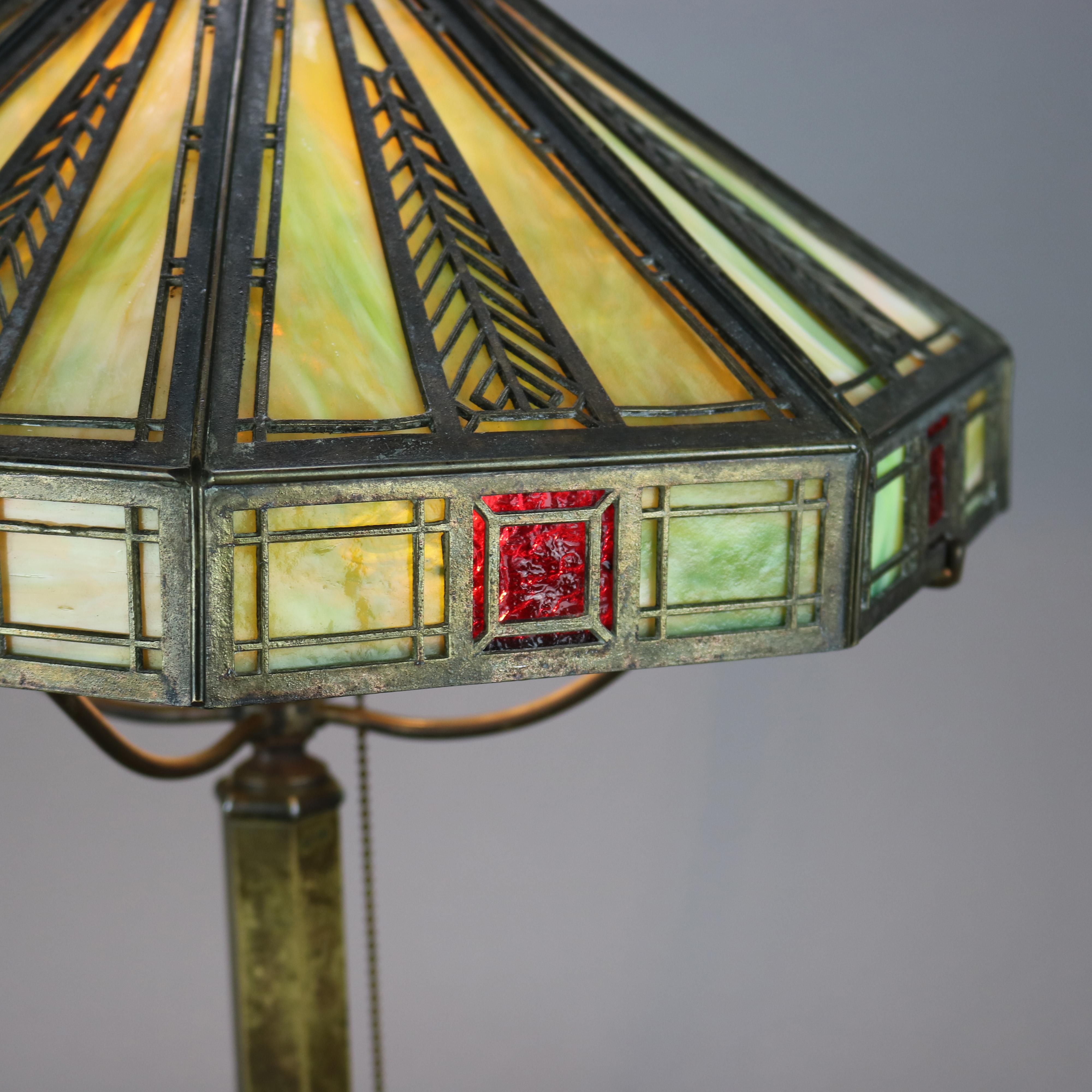 Arts and Crafts Antique Arts & Crafts Bradley & Hubbard Two-Tone Slag Glass Lamp c1920