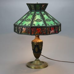 Antique Arts & Crafts Bradley & Hubbard Two-Tone Slag Glass Lamp, Clover, c1920